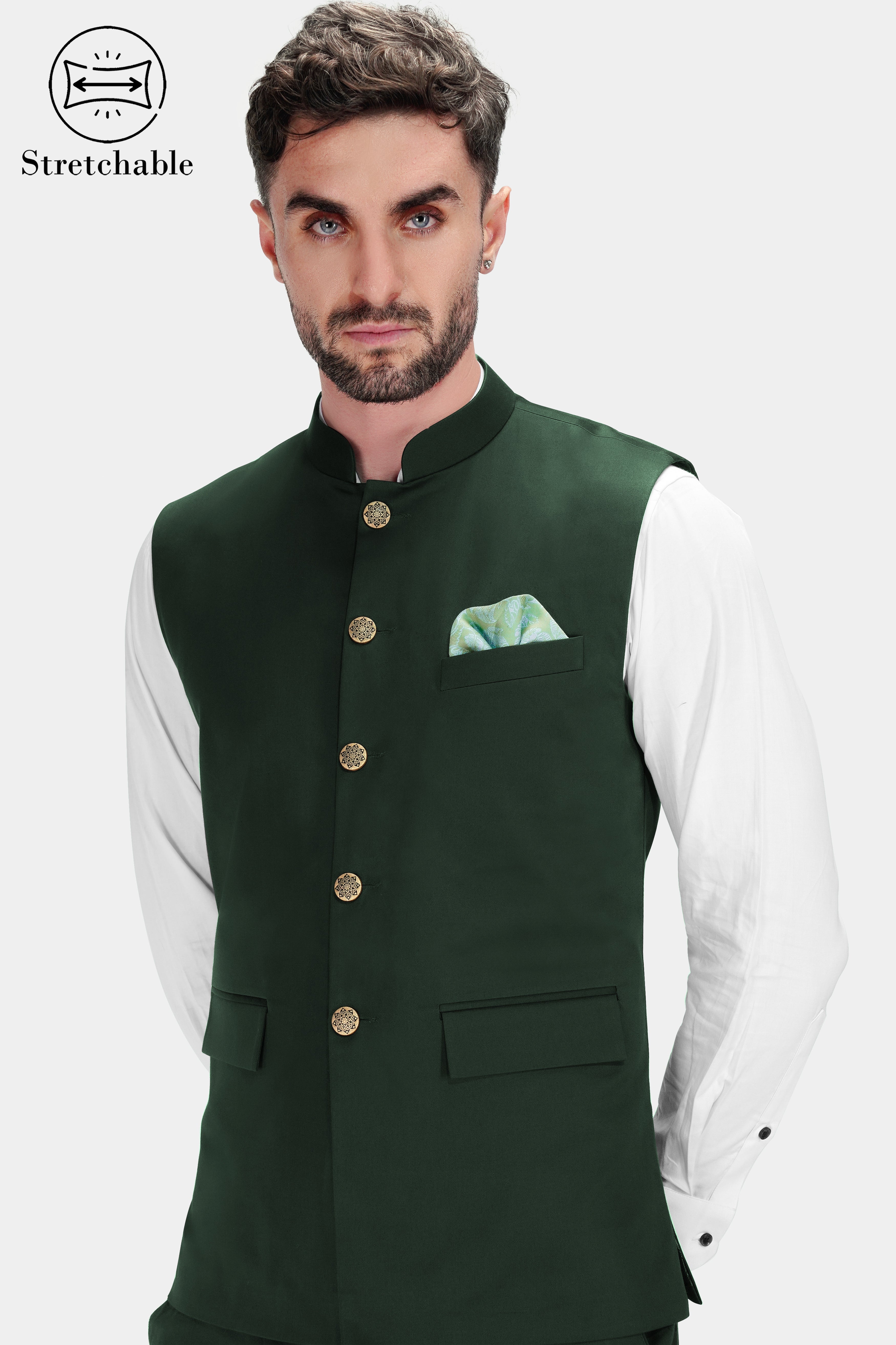 Heavy Metal Green Premium Cotton Stretchable Traveler Nehru Jacket WC2776-36, WC2776-38, WC2776-40, WC2776-42, WC2776-44, WC2776-46, WC2776-48, WC2776-50, WC2776-52, WC2776-54, WC2776-56, WC2776-58, WC2776-60