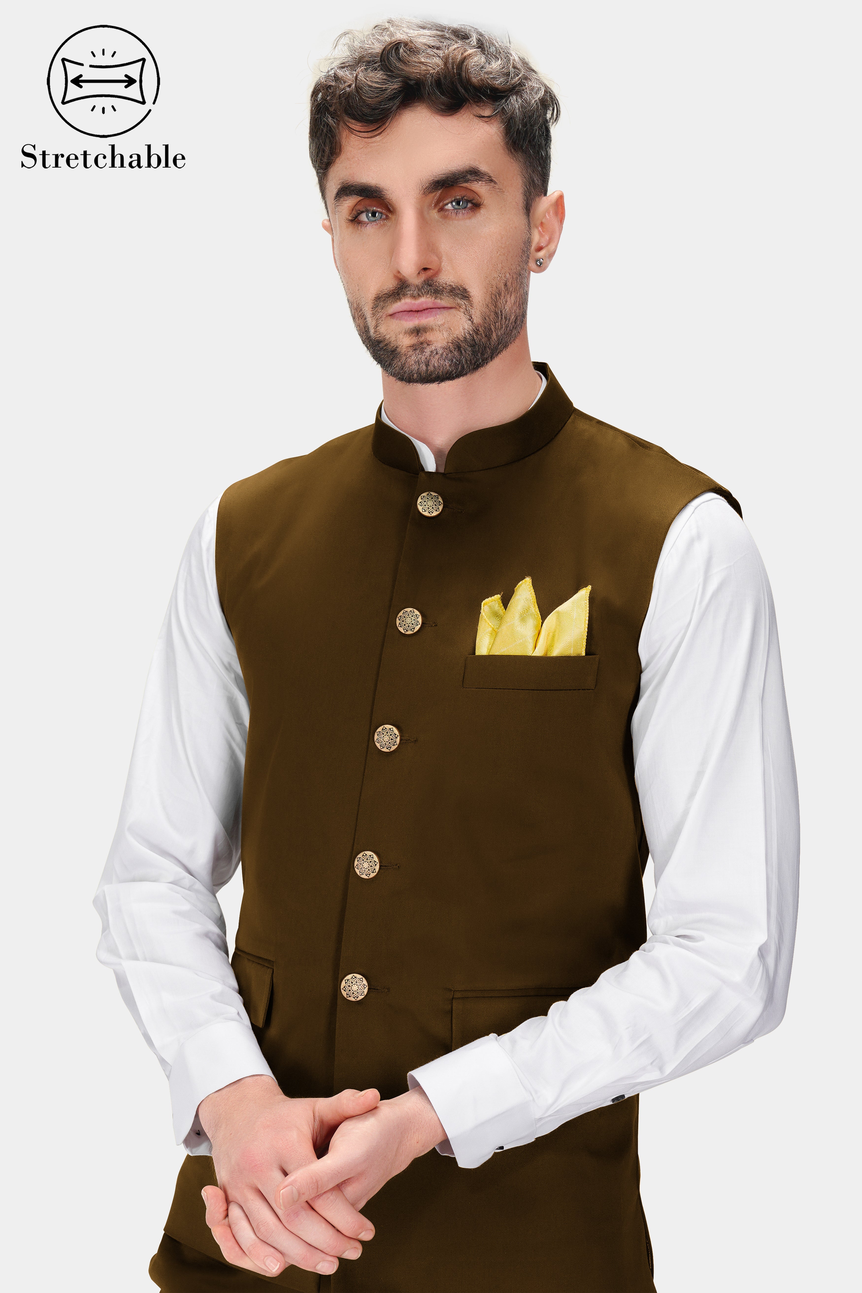 Metallic Bronze Brown Plain-Solid Premium Cotton Wedding Nehru Jackets For  Men.