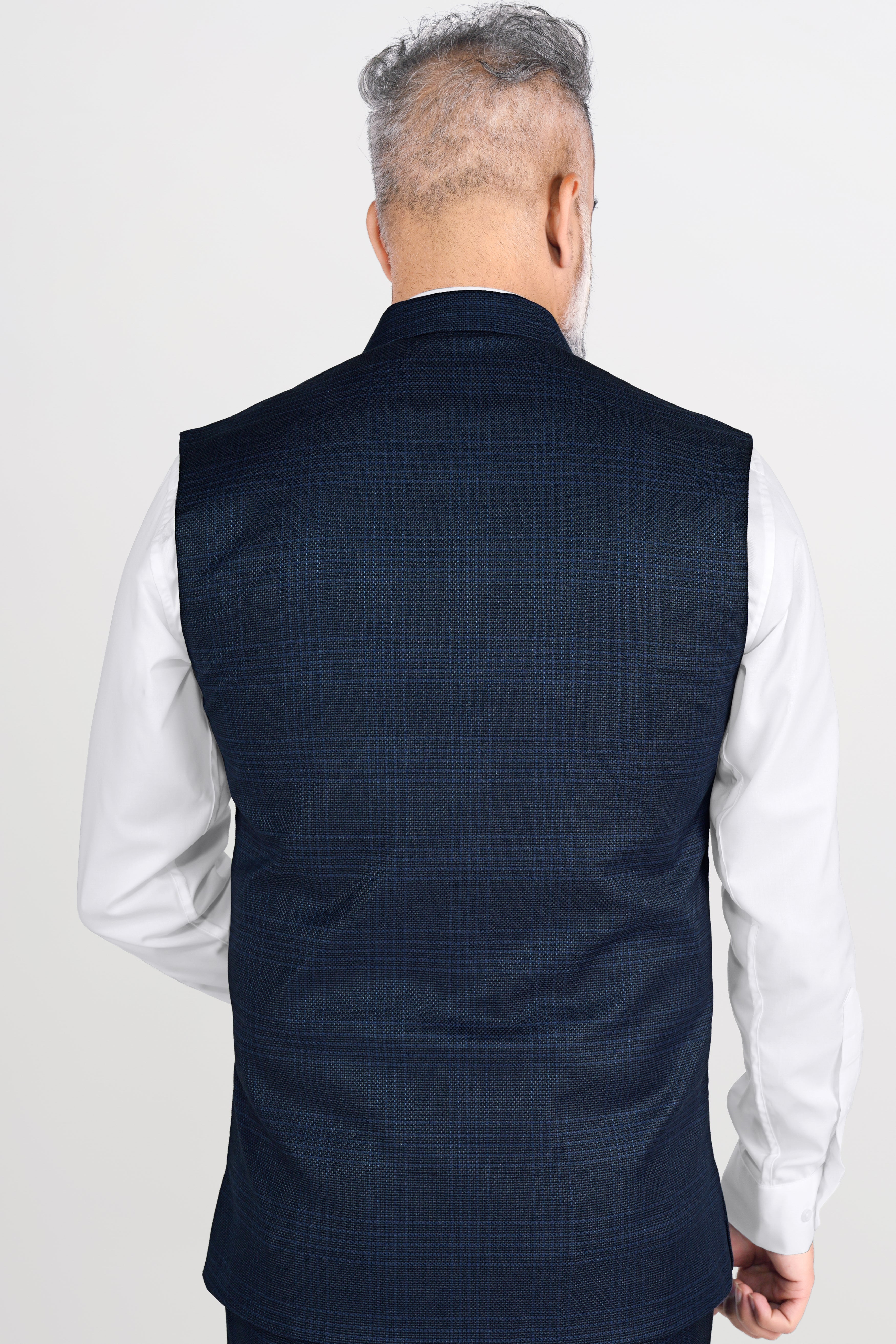 Prussian Blue Subtle Checkered Wool Rich Neharu Jacket WC2816-36, WC2816-38, WC2816-40, WC2816-42, WC2816-44, WC2816-46, WC2816-48, WC2816-50, WC2816-52, WC2816-54, WC2816-56, WC2816-58, WC2816-60