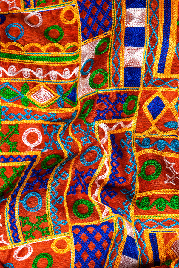 Sinopia Red with Smalt Blue and Peel Orange Cotton Thread Embroidered Nehru Jacket