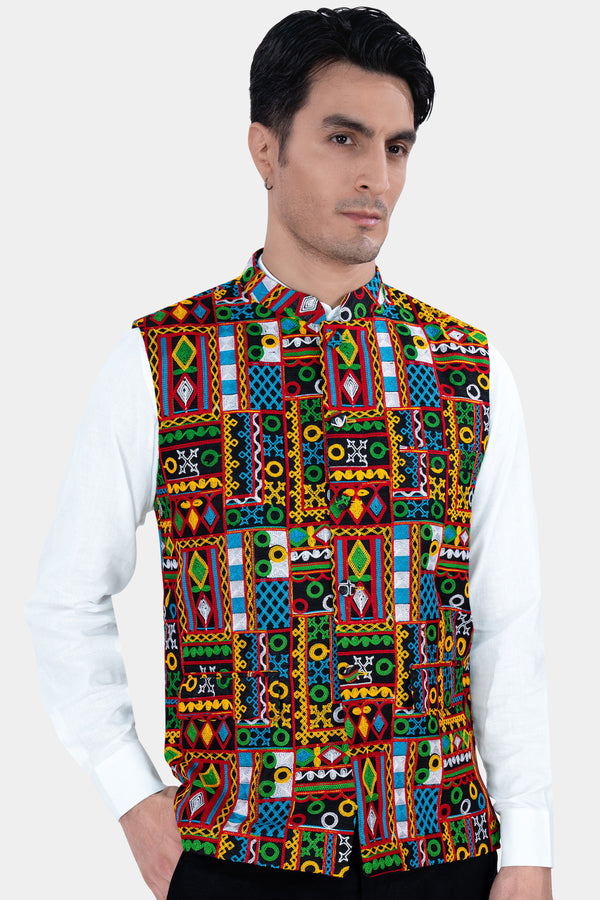 Amber Yellow and Kelly Green Multicolour Cotton Thread Embroidered Nehru Jacket