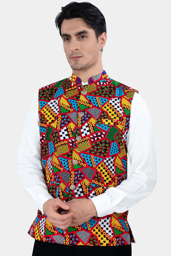 Carnelian Red and Kelly Green Multicolour Cotton Thread Embroidered Nehru Jacket
