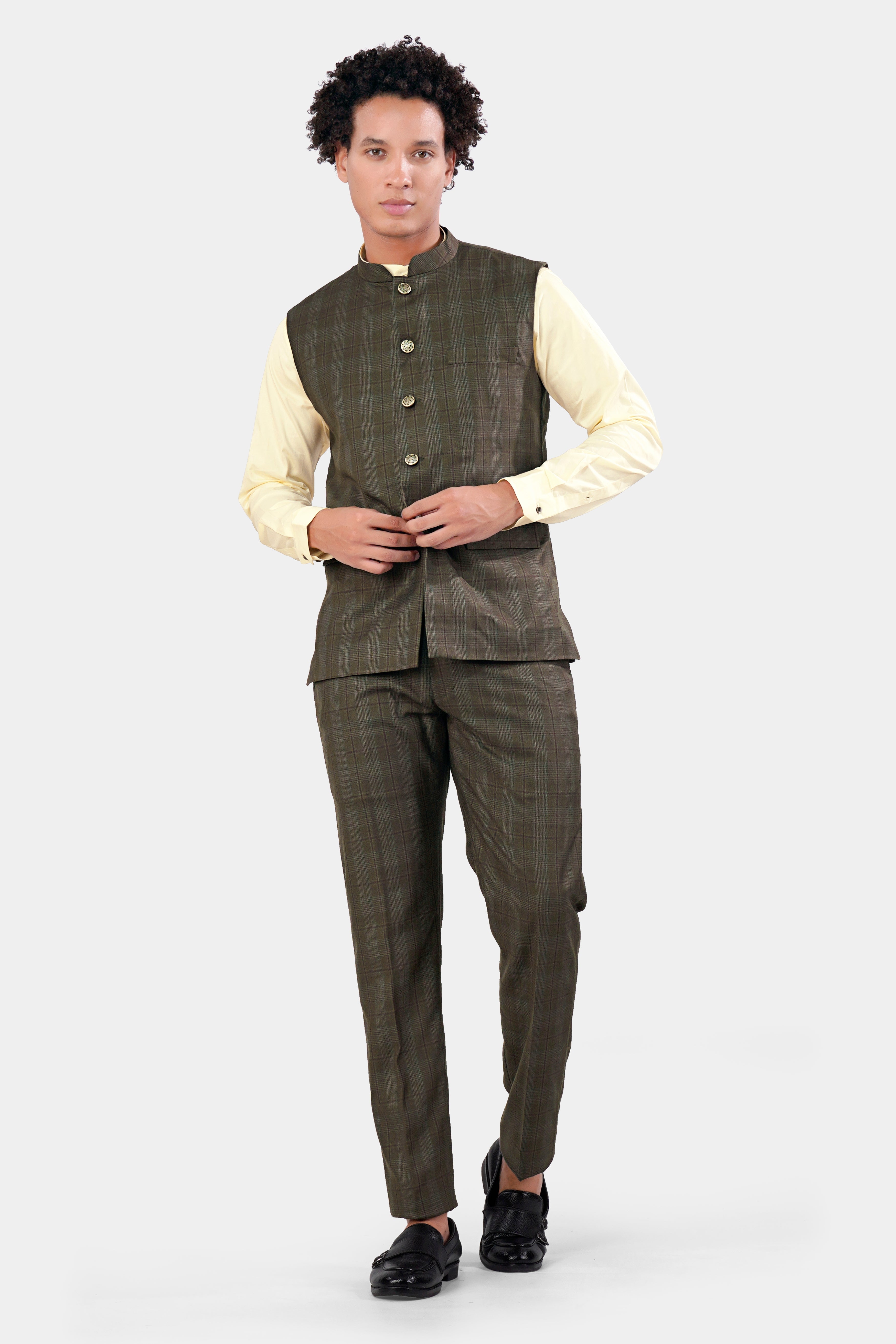 Fuscous Gray and Bistre Brown Plaid Wool Rich Nehru Jacket WC2951-36, WC2951-38, WC2951-40, WC2951-42, WC2951-44, WC2951-46, WC2951-48, WC2951-50, WC2951-52, WC2951-54, WC2951-56, WC2951-58, WC2951-60