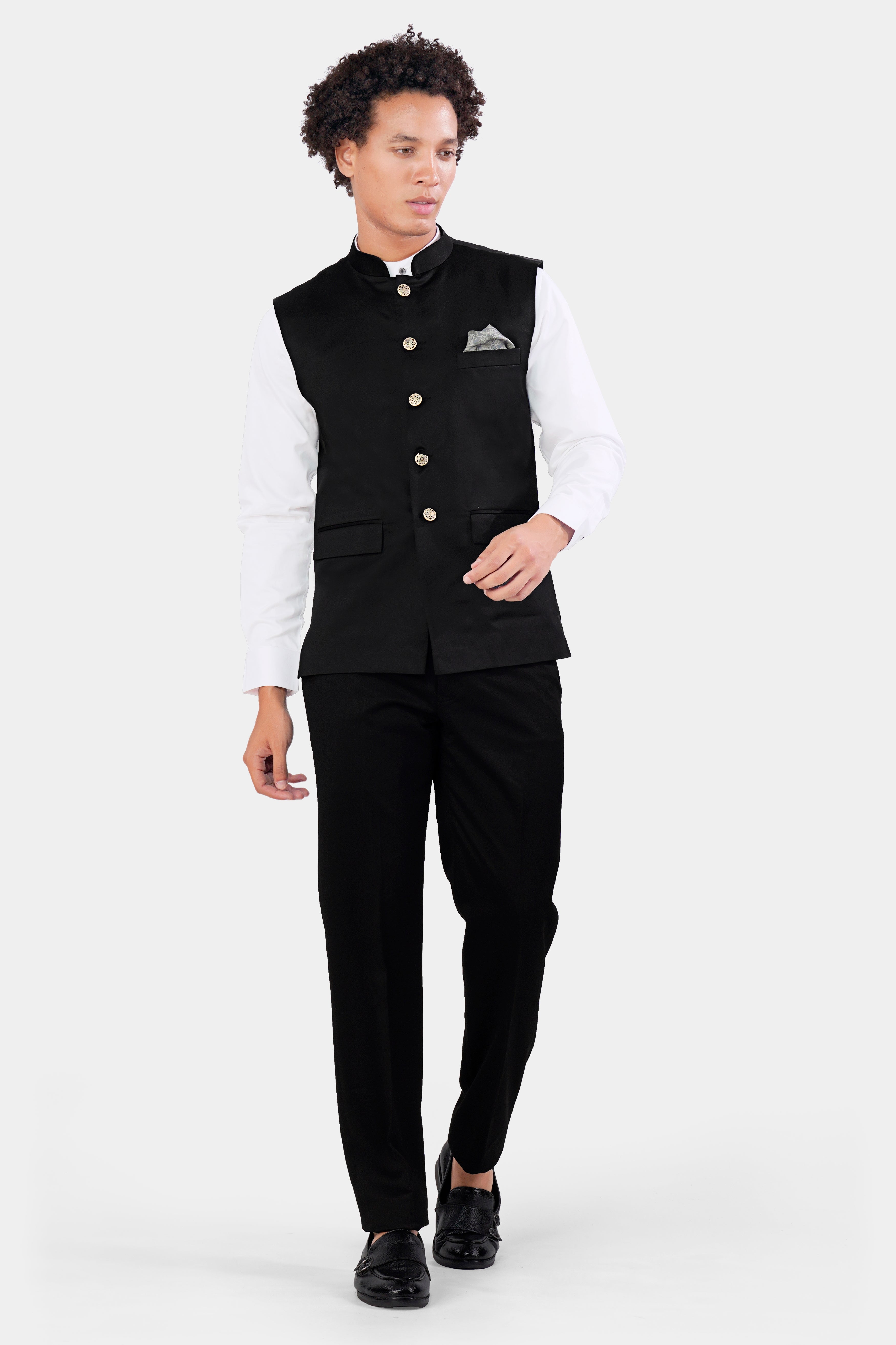 Jade Black Wool Rich Nehru Jacket WC2957-36, WC2957-38, WC2957-40, WC2957-42, WC2957-44, WC2957-46, WC2957-48, WC2957-50, WC2957-52, WC2957-54, WC2957-56, WC2957-58, WC2957-60