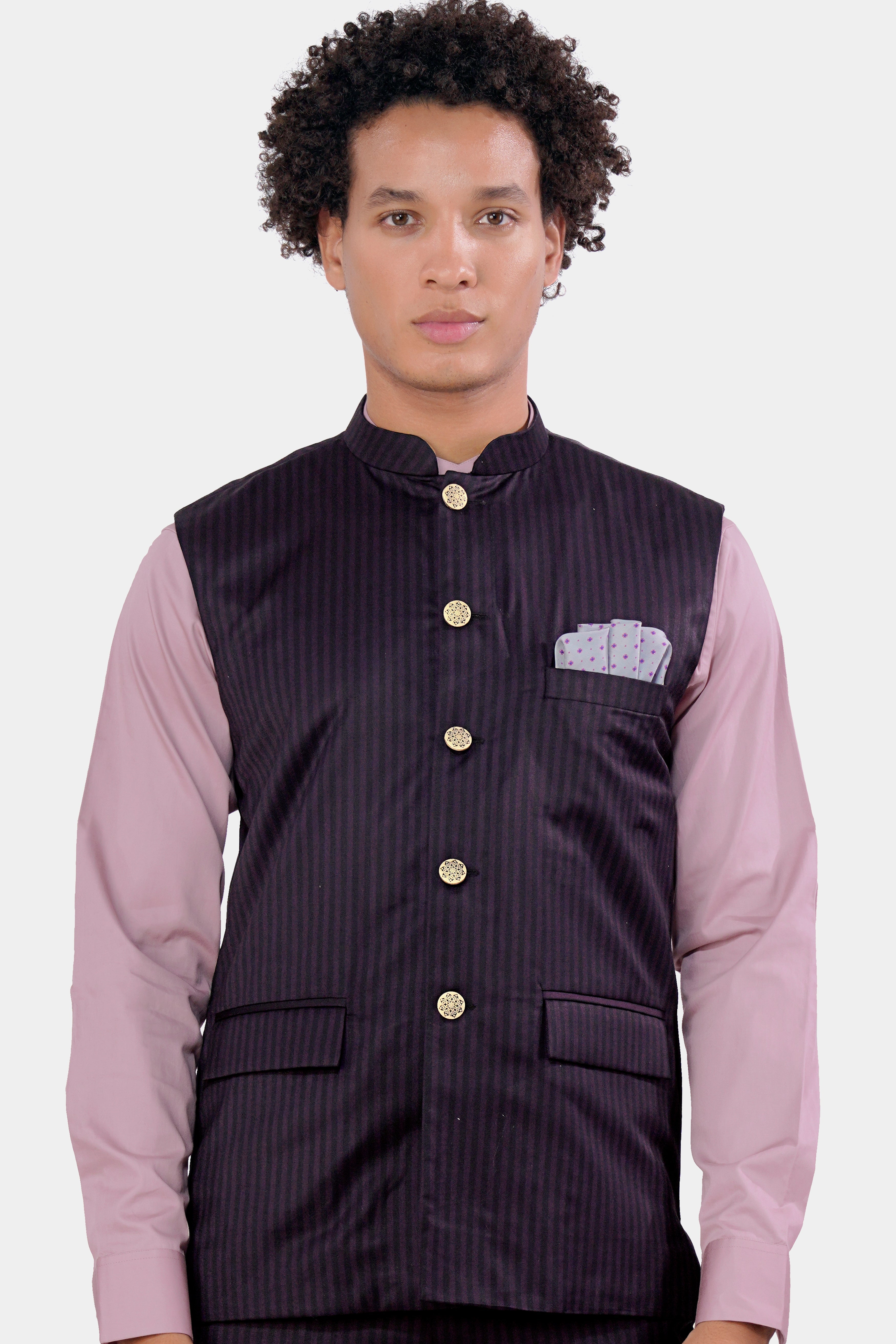 Bleached Purple Striped and Antique Brown Wool Rich Nehru Jacket WC2962-36, WC2962-38, WC2962-40, WC2962-42, WC2962-44, WC2962-46, WC2962-48, WC2962-50, WC2962-52, WC2962-54, WC2962-56, WC2962-58, WC2962-60