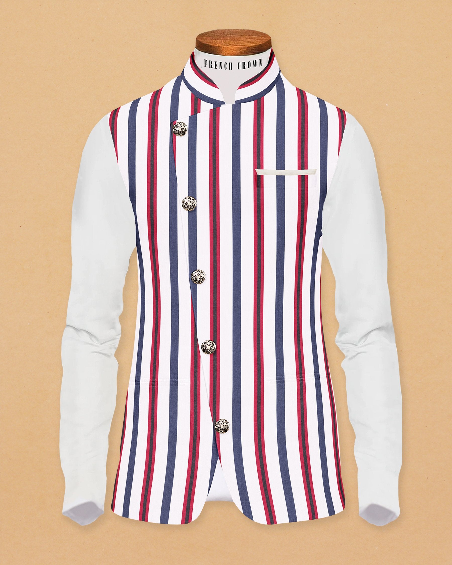 White with Red and Blue Stripes Super Soft Cross Buttoned Designer Nehru Jacket