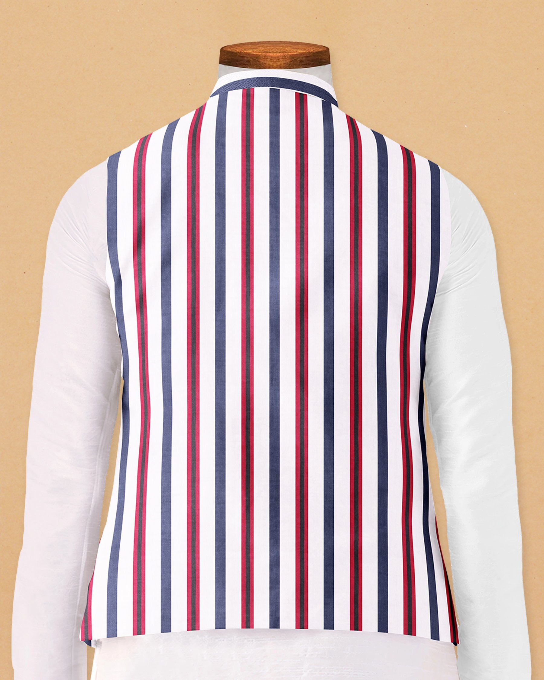 White with Red and Blue Stripes Super Soft Cross Buttoned Designer Nehru Jacket