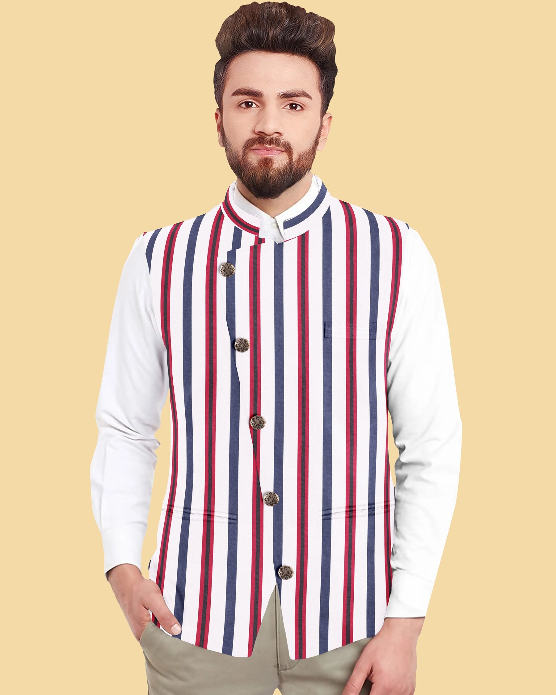 White with Red and Blue Stripes Super Soft Cross Buttoned Designer Nehru Jacket