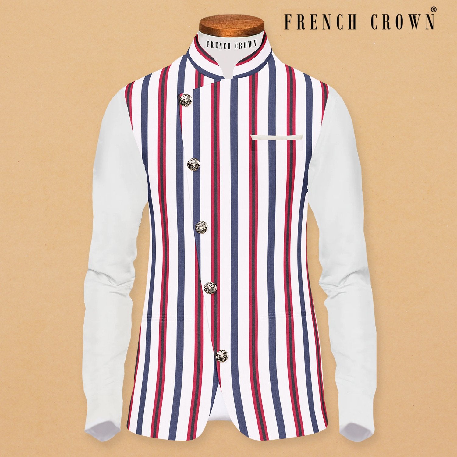 White with Red and Blue Stripes Super Soft Cross Buttoned Designer Nehru Jacket