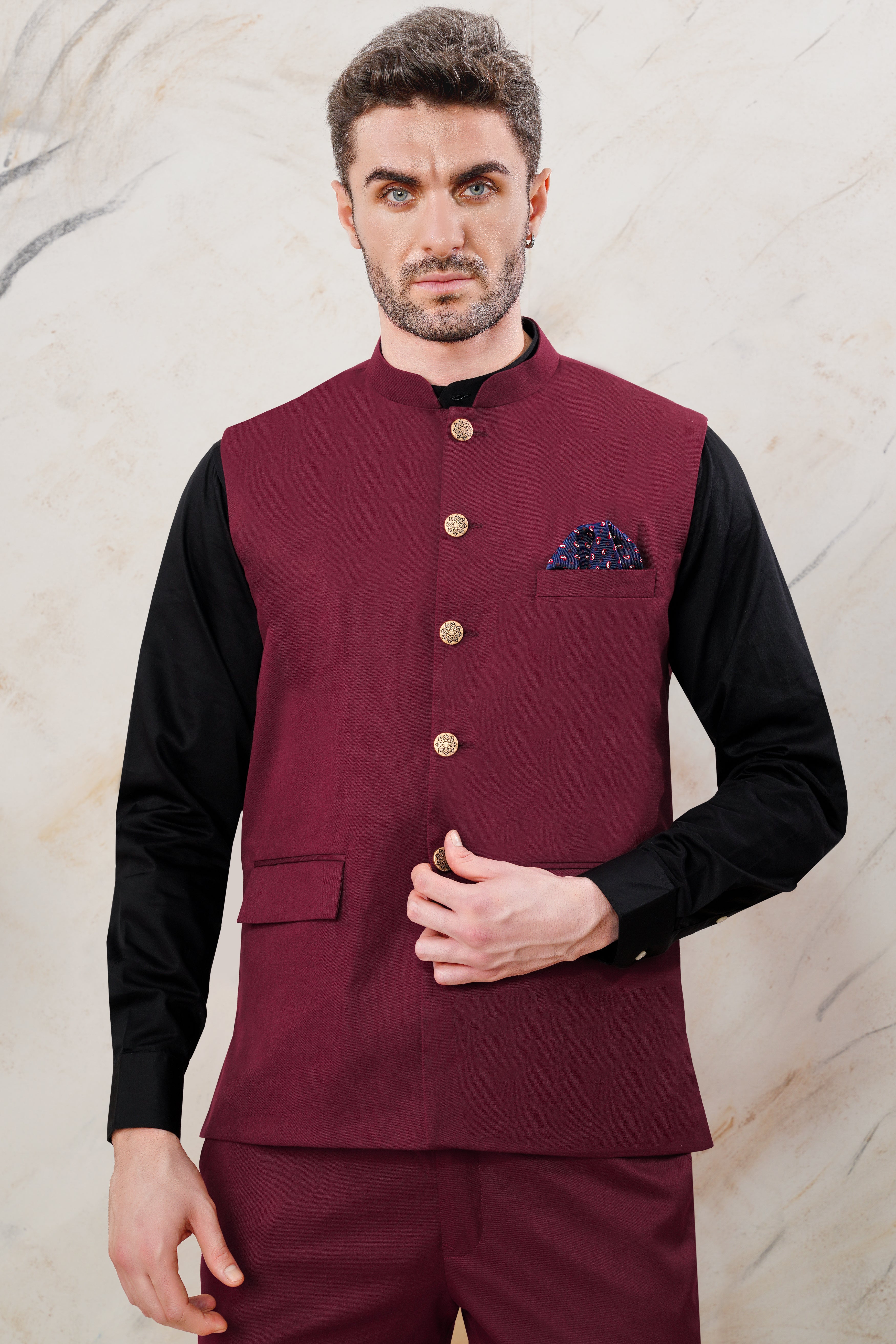 Bordeaux Maroon Wool Rich Nehru Jacket WC3050-36, WC3050-38, WC3050-40, WC3050-42, WC3050-44, WC3050-46, WC3050-48, WC3050-50, WC3050-52, WC3050-54, WC3050-56, WC3050-58, WC3050-60