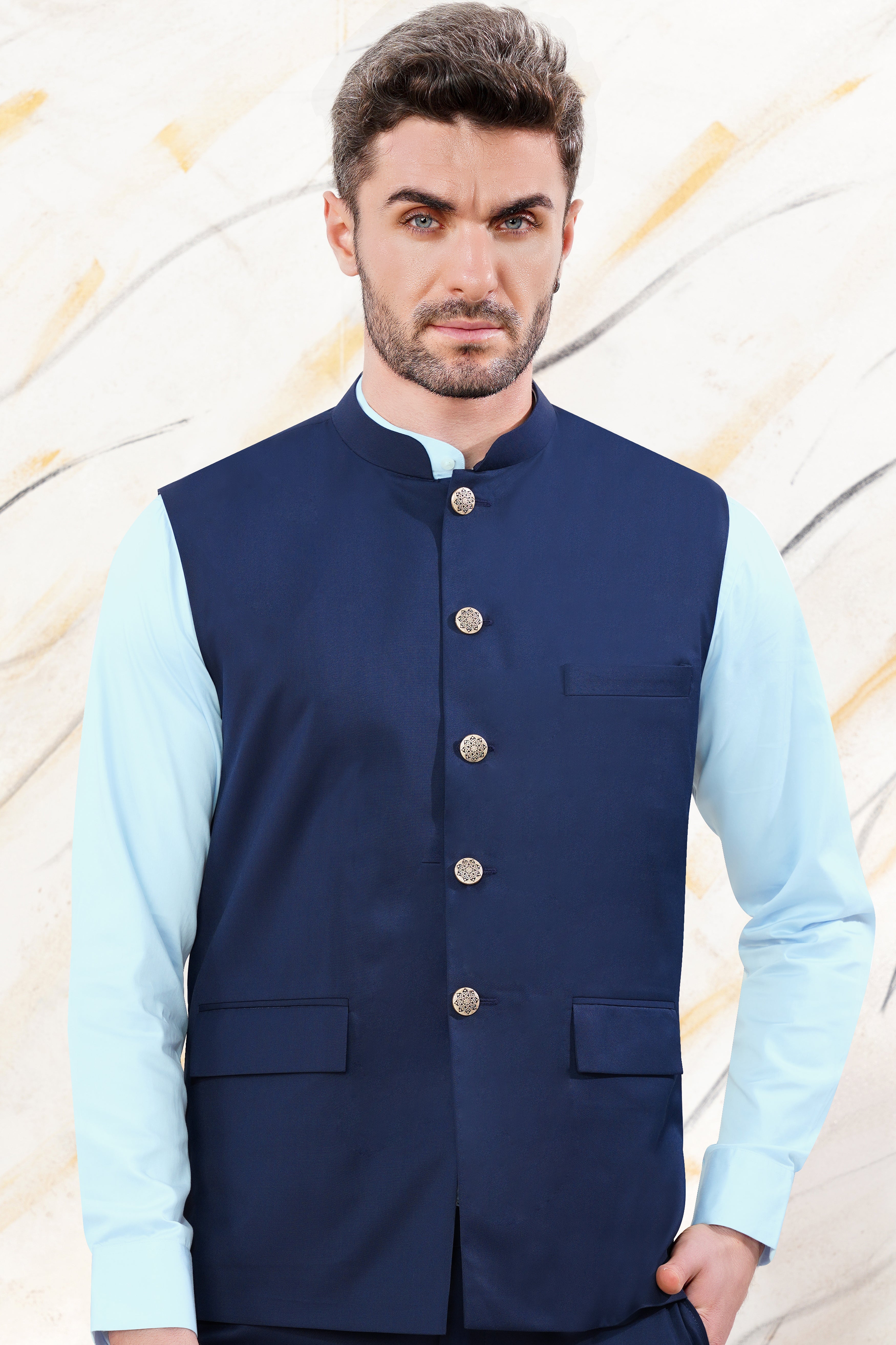 DINAZ- Embroidered Blue Nehru Jacket Paired With Matching Kurta & Trou –  Petitroyalkids