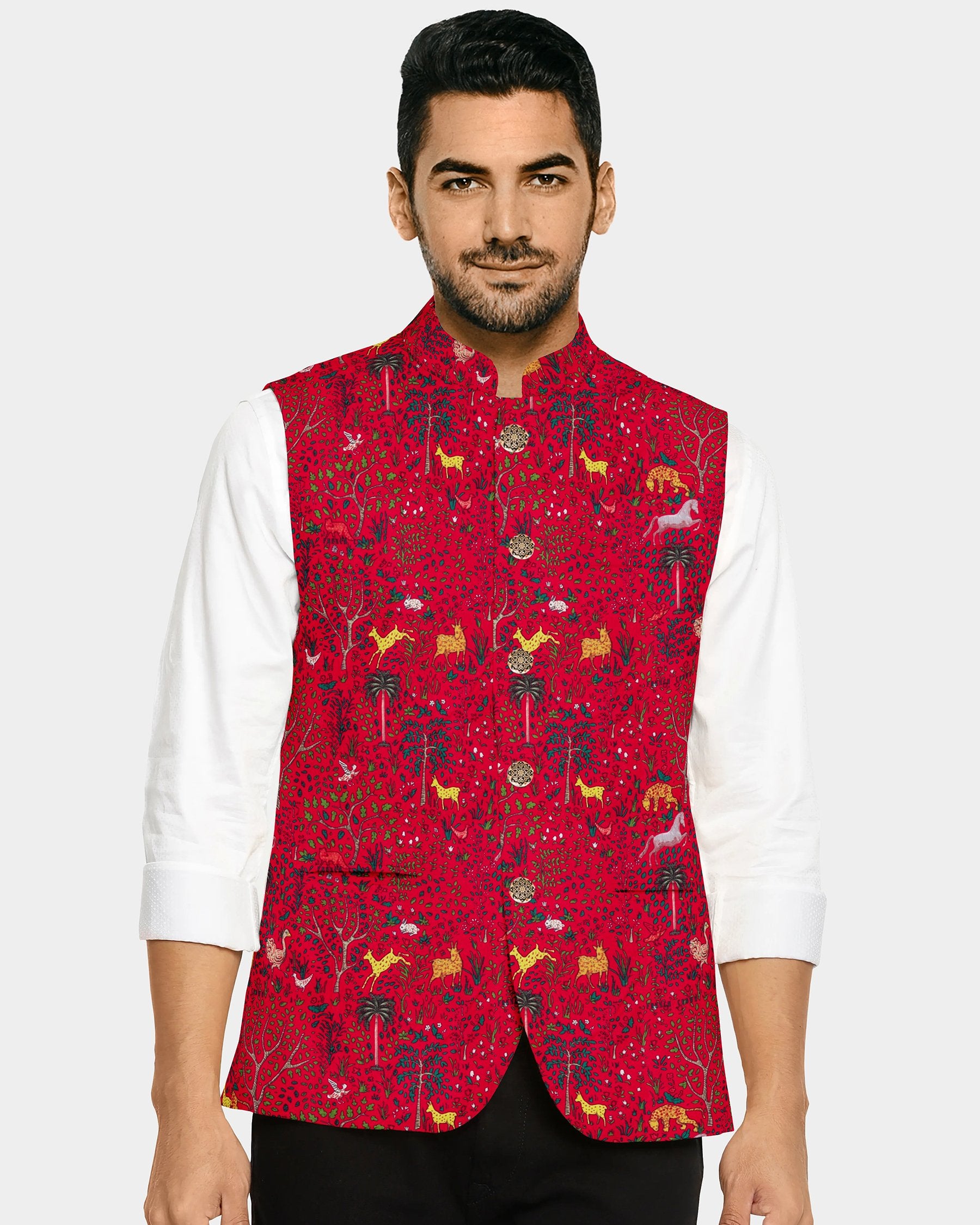 Vibrant Red Forest Print Super soft Premium Designer Nehru Jacket