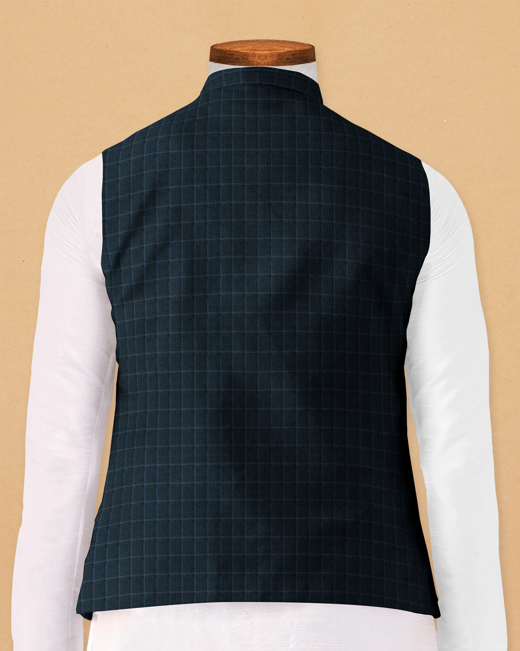 Black with Steel Blue Windowpane Terry-Rayon Nehru Jacket