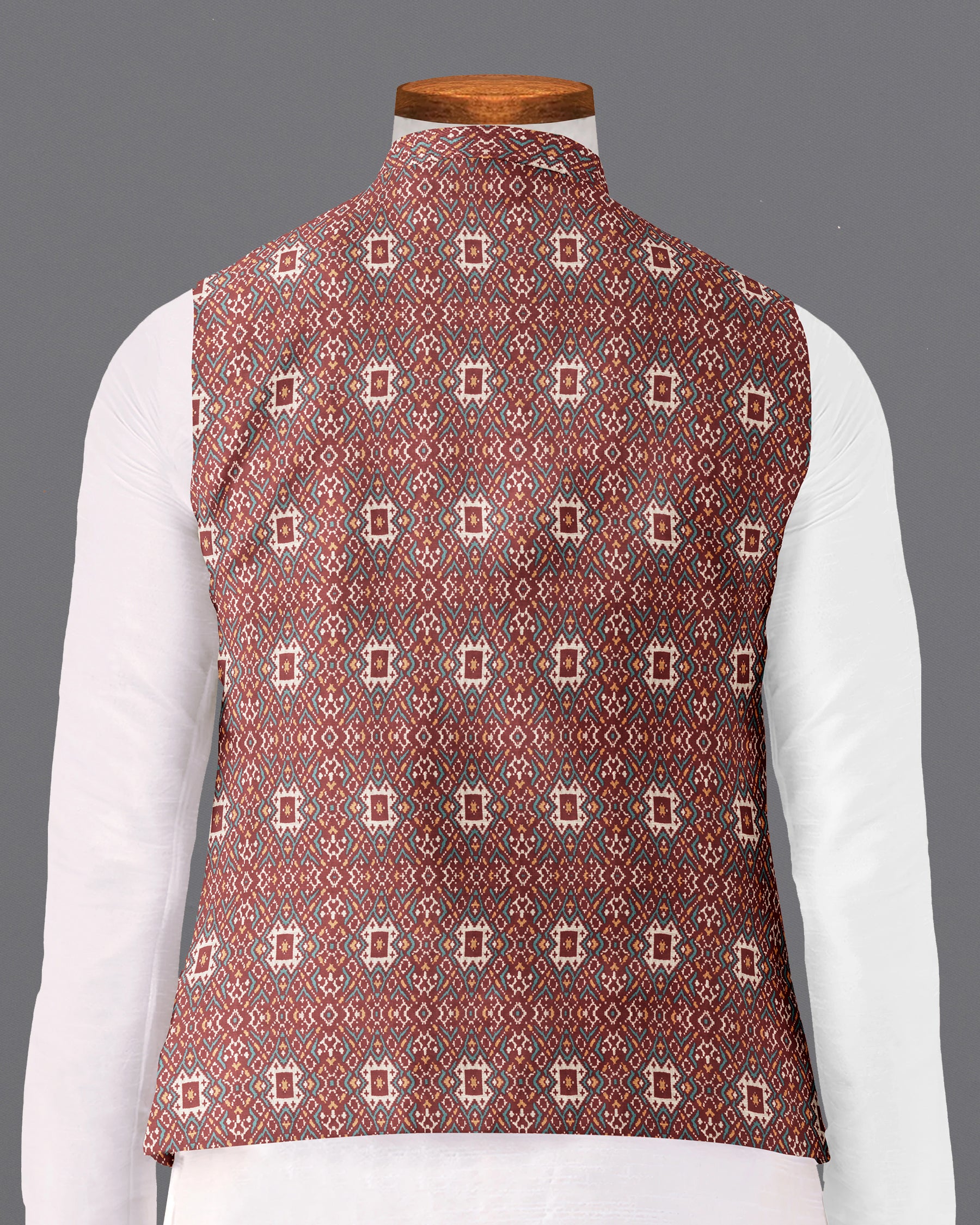 Green Ikat Print Mandarin Waistcoat