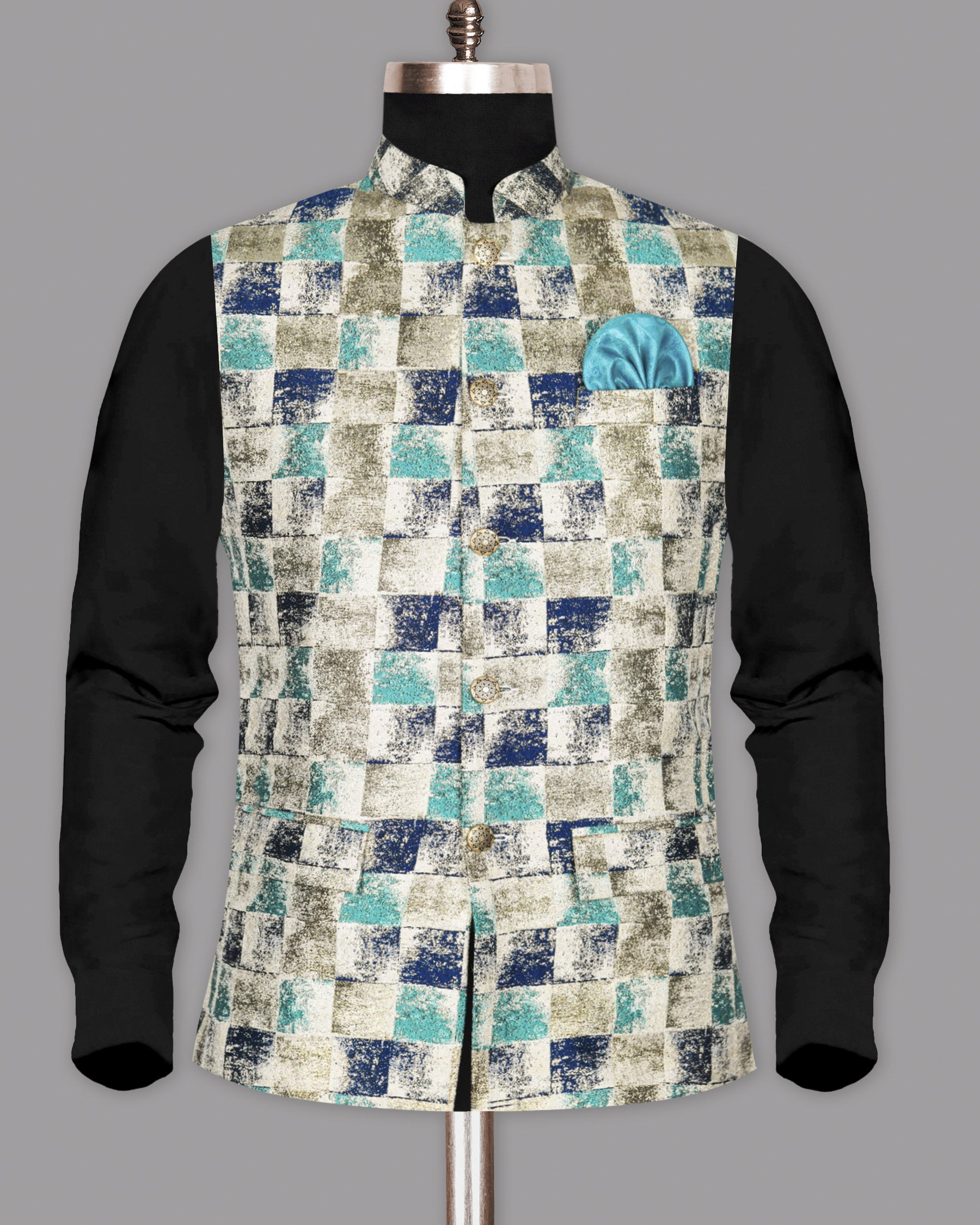 Cream with Colourful Fading Box Jacquard Patterned Designer Waistcoat