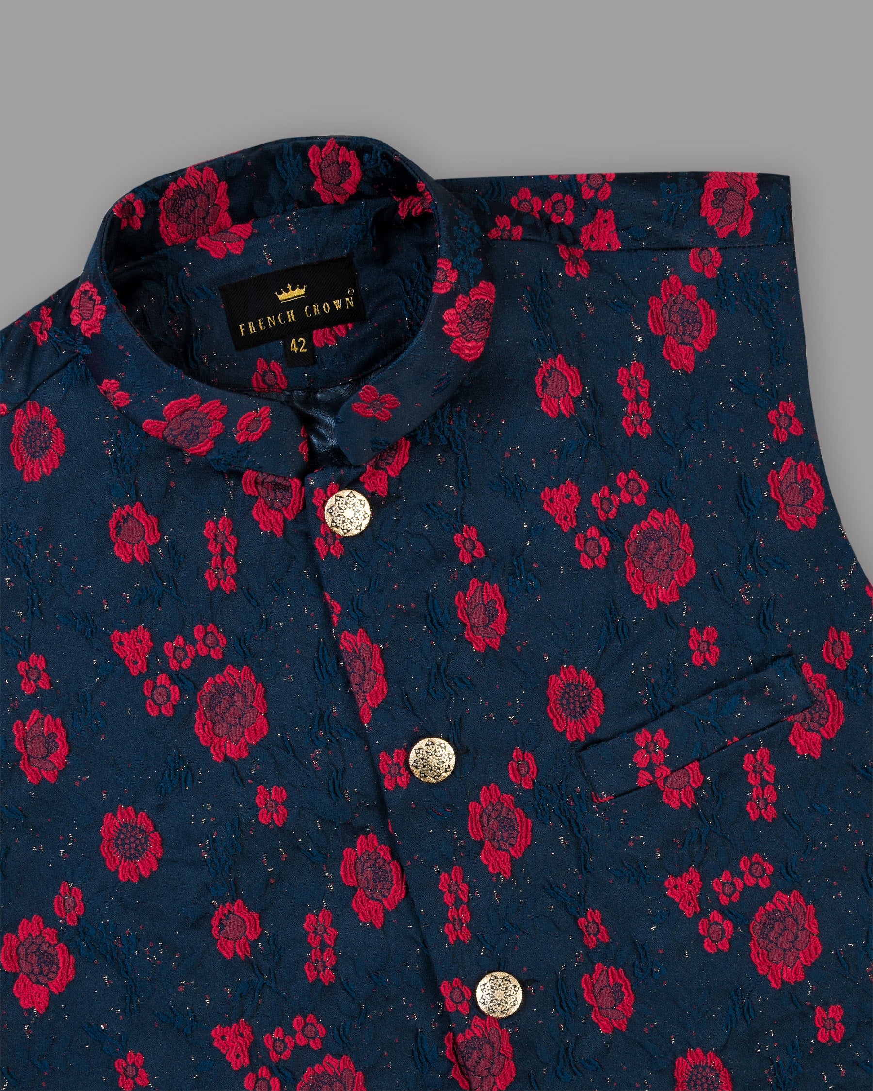 Navy with Red Flower Jacquard Patterned Designer Waistcoat WC895-36, WC895-42, WC895-44, WC895-46, WC895-38, WC895-56, WC895-58, WC895-60, WC895-40, WC895-48, WC895-50, WC895-52, WC895-54