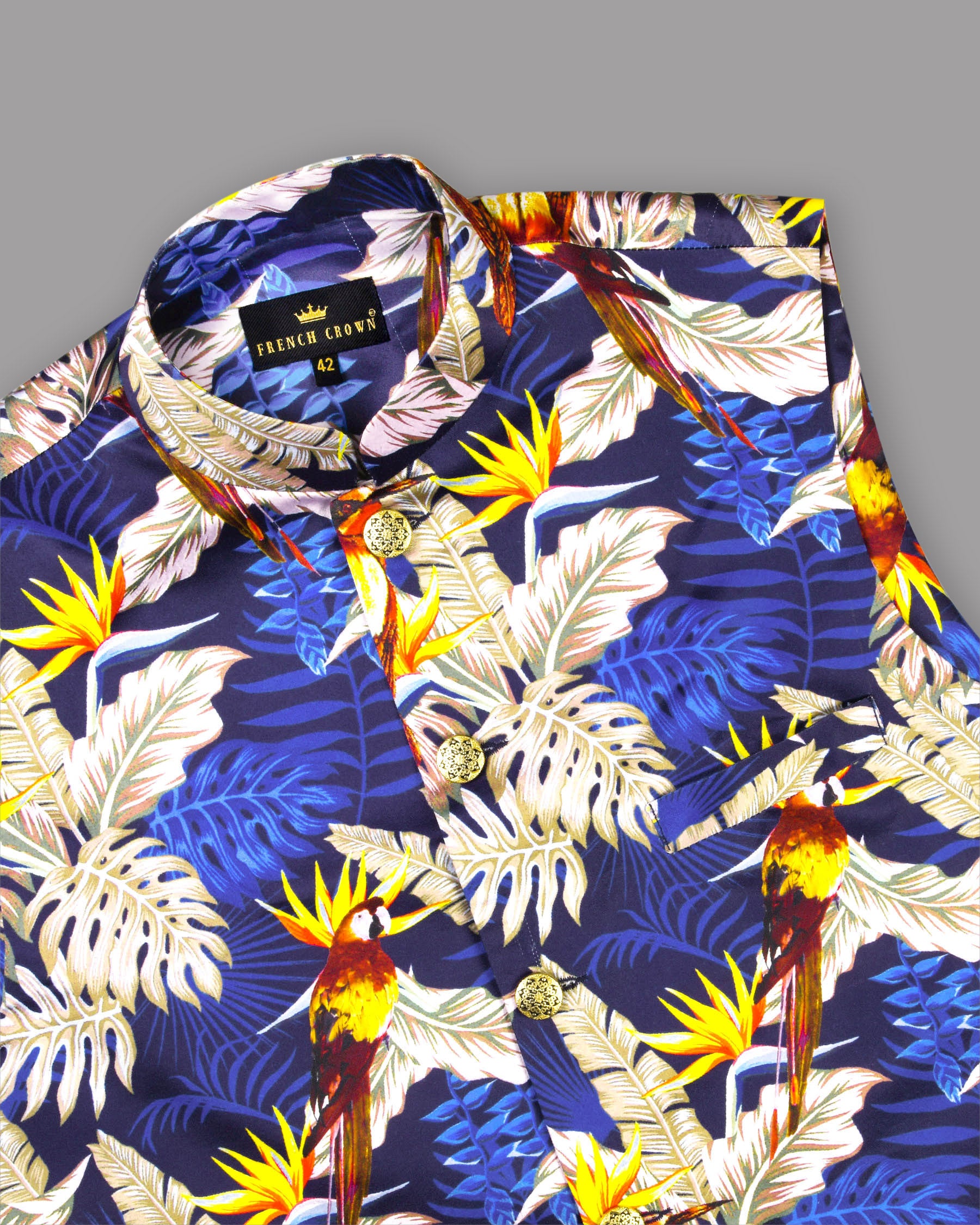 Navy with Colourful Leaves and Parrot Printed Designer Waistcoat WC896-50, WC896-36, WC896-42, WC896-44, WC896-46, WC896-54, WC896-56, WC896-60, WC896-58, WC896-38, WC896-40, WC896-48, WC896-52