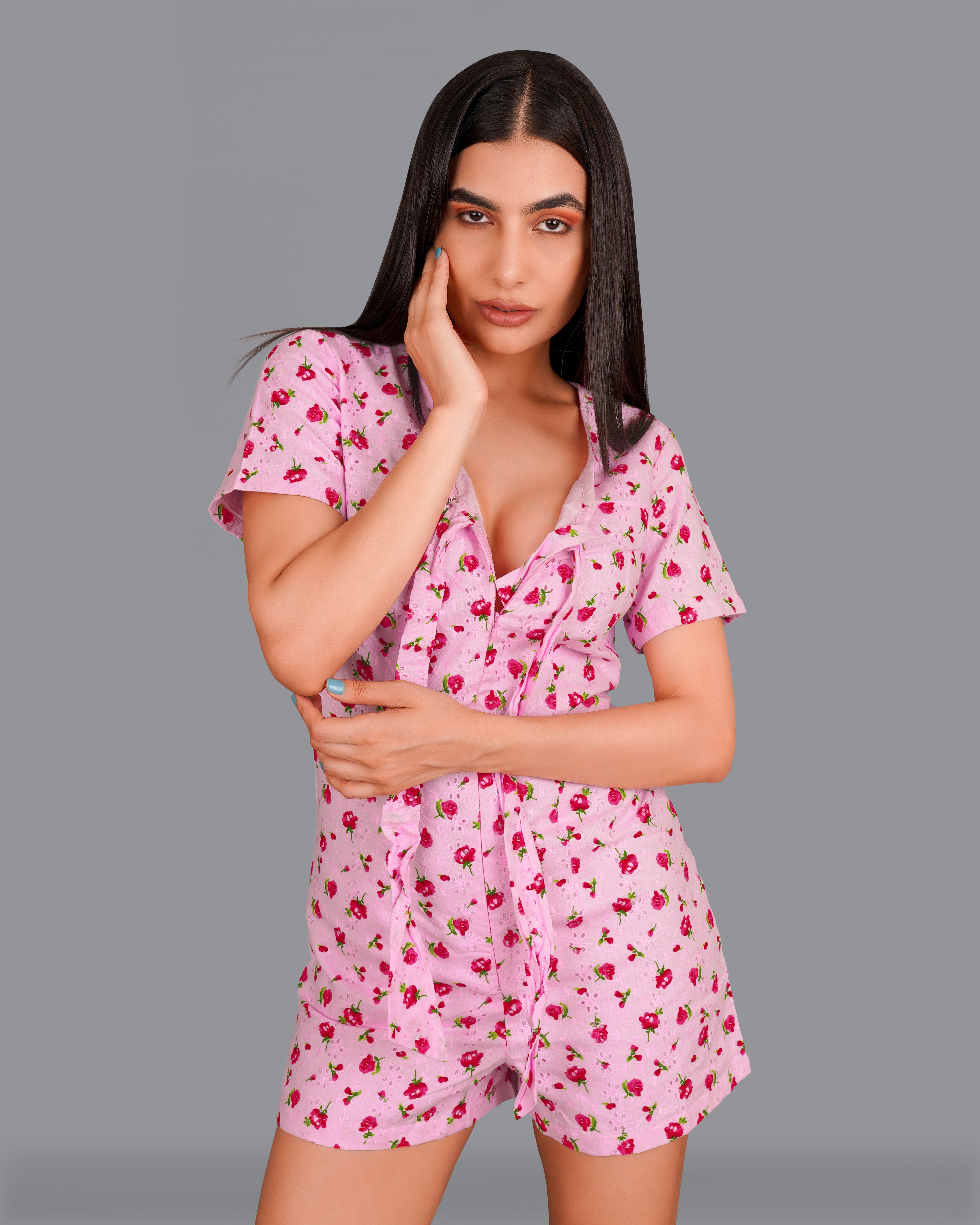 Blossom Pink Rose Printed Premium Cotton Jumpsuit WD007-32, WD007-34, WD007-36, WD007-38, WD007-40, WD007-42