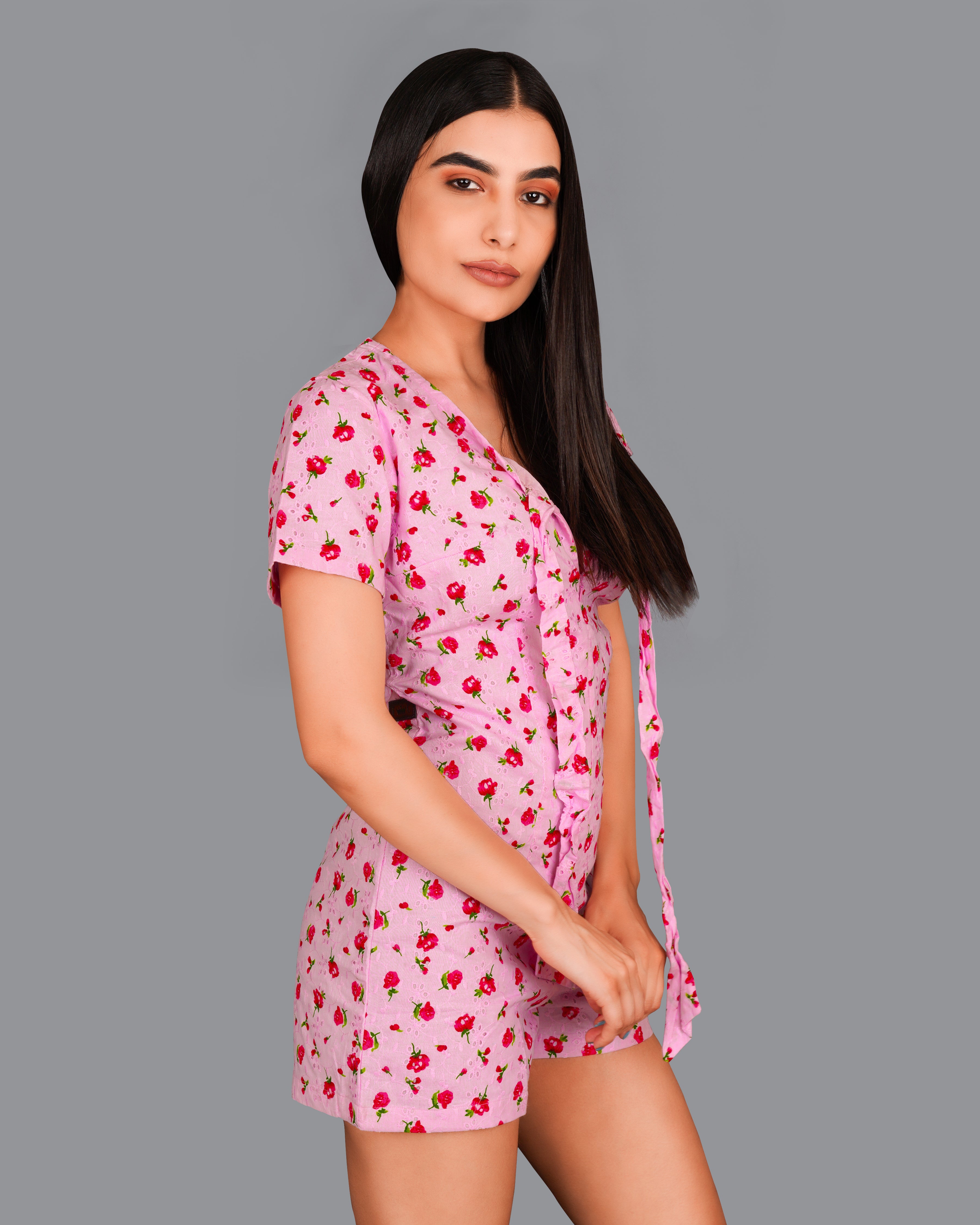 Blossom Pink Rose Printed Premium Cotton Jumpsuit WD007-32, WD007-34, WD007-36, WD007-38, WD007-40, WD007-42
