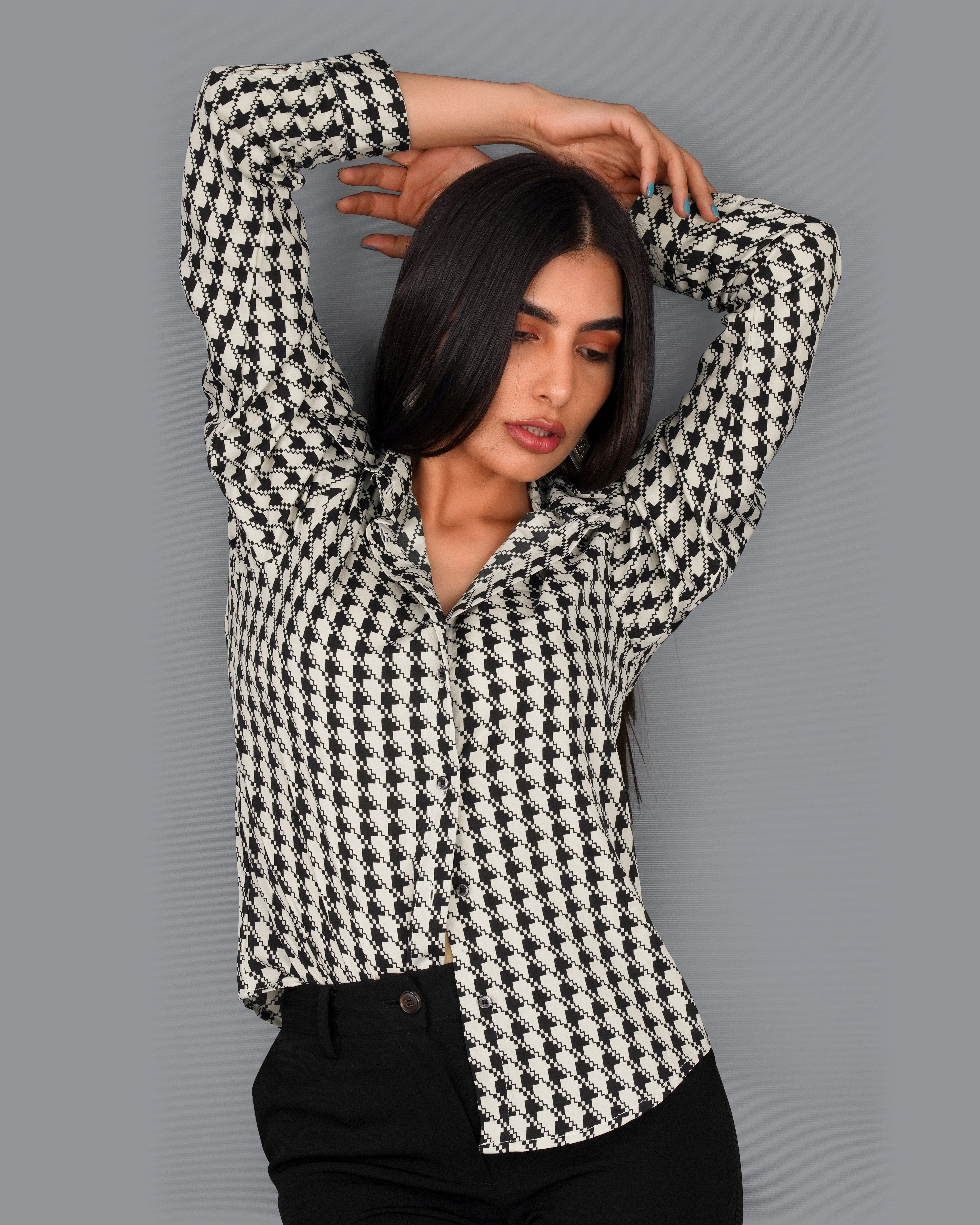 Mercury Cream and Black Houndstooth Premium Tencel Shirt WS006-BLK-32, WS006-BLK-34, WS006-BLK-36, WS006-BLK-38, WS006-BLK-40, WS006-BLK-42