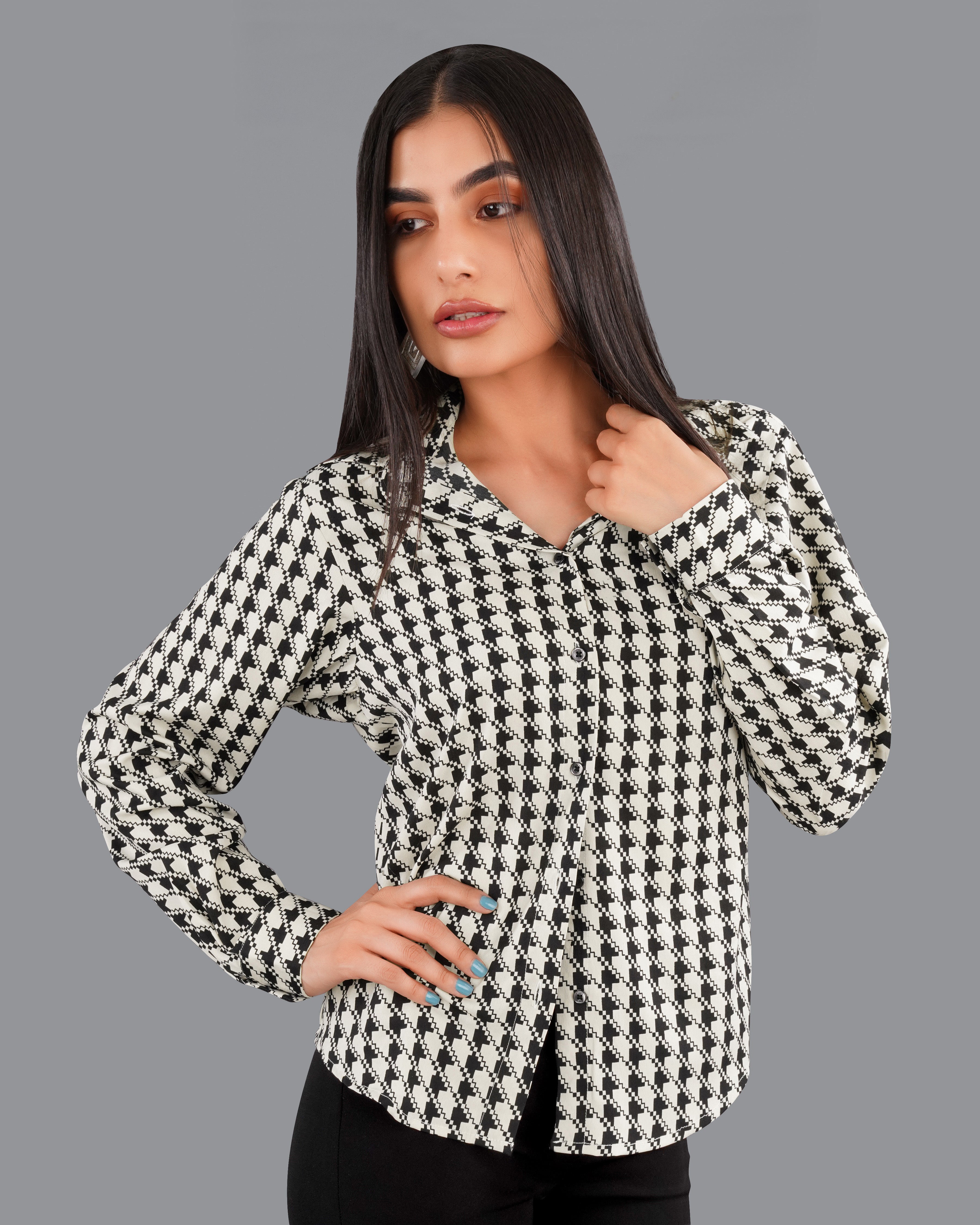 Mercury Cream and Black Houndstooth Premium Tencel Shirt WS006-BLK-32, WS006-BLK-34, WS006-BLK-36, WS006-BLK-38, WS006-BLK-40, WS006-BLK-42