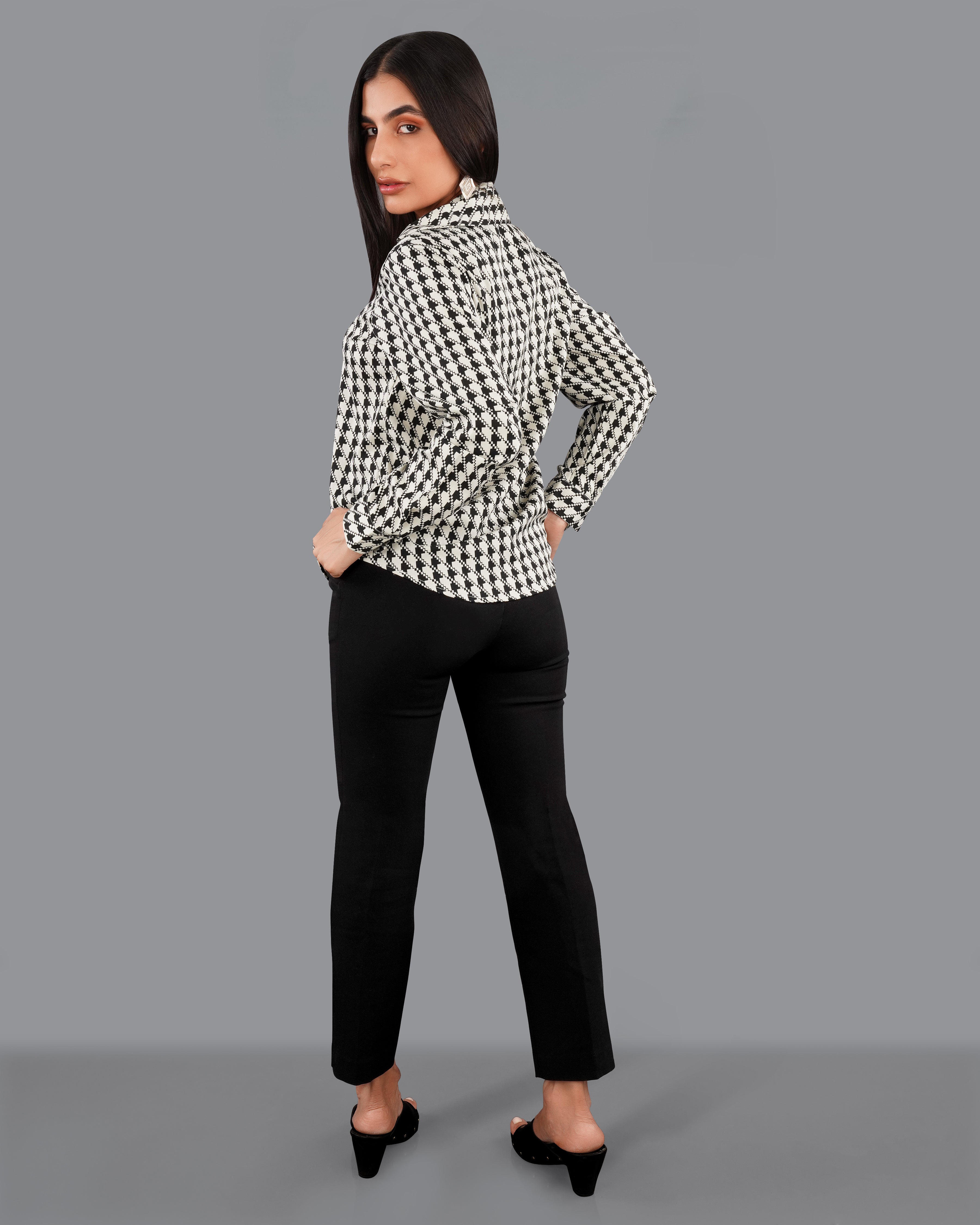 Mercury Cream and Black Houndstooth Premium Tencel Shirt WS006-BLK-32, WS006-BLK-34, WS006-BLK-36, WS006-BLK-38, WS006-BLK-40, WS006-BLK-42