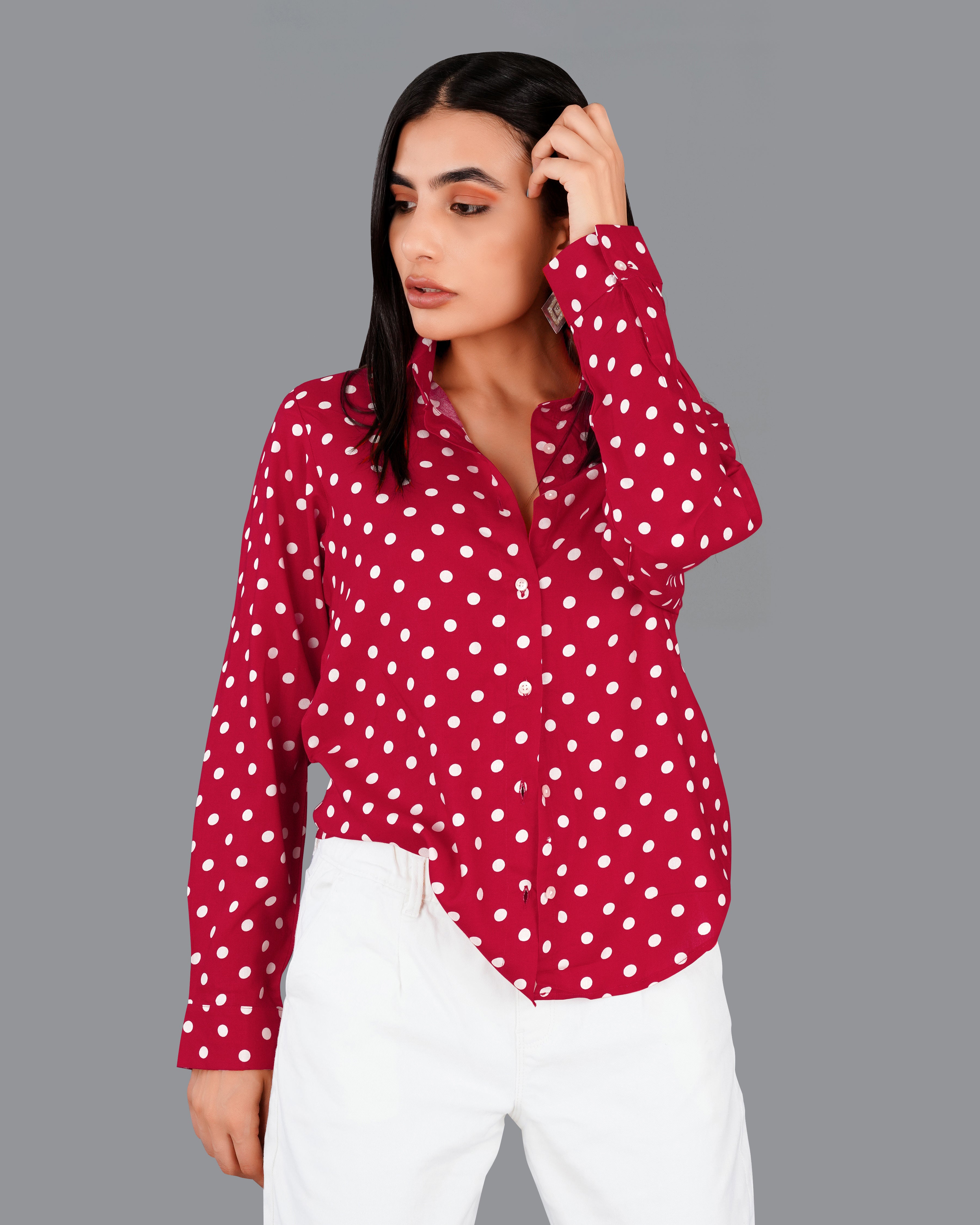 Shiraz Red Polka Dotted Premium Tencel Shirt WS016-32, WS016-34, WS016-36, WS016-38, WS016-40, WS016-42