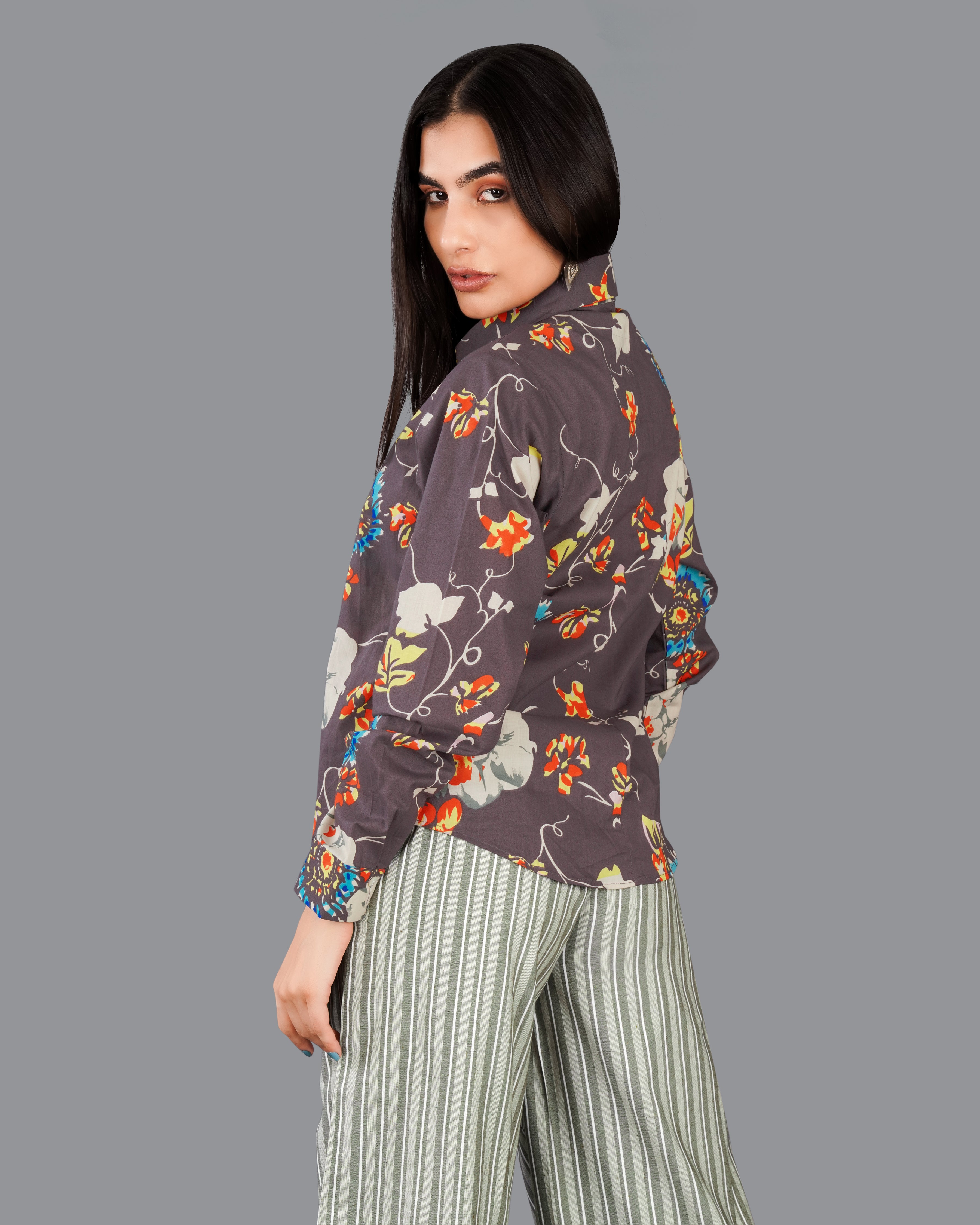Fuscous Brown Floral Printed Premium Cotton Shirt WS018-32, WS018-34, WS018-36, WS018-38, WS018-40, WS018-42