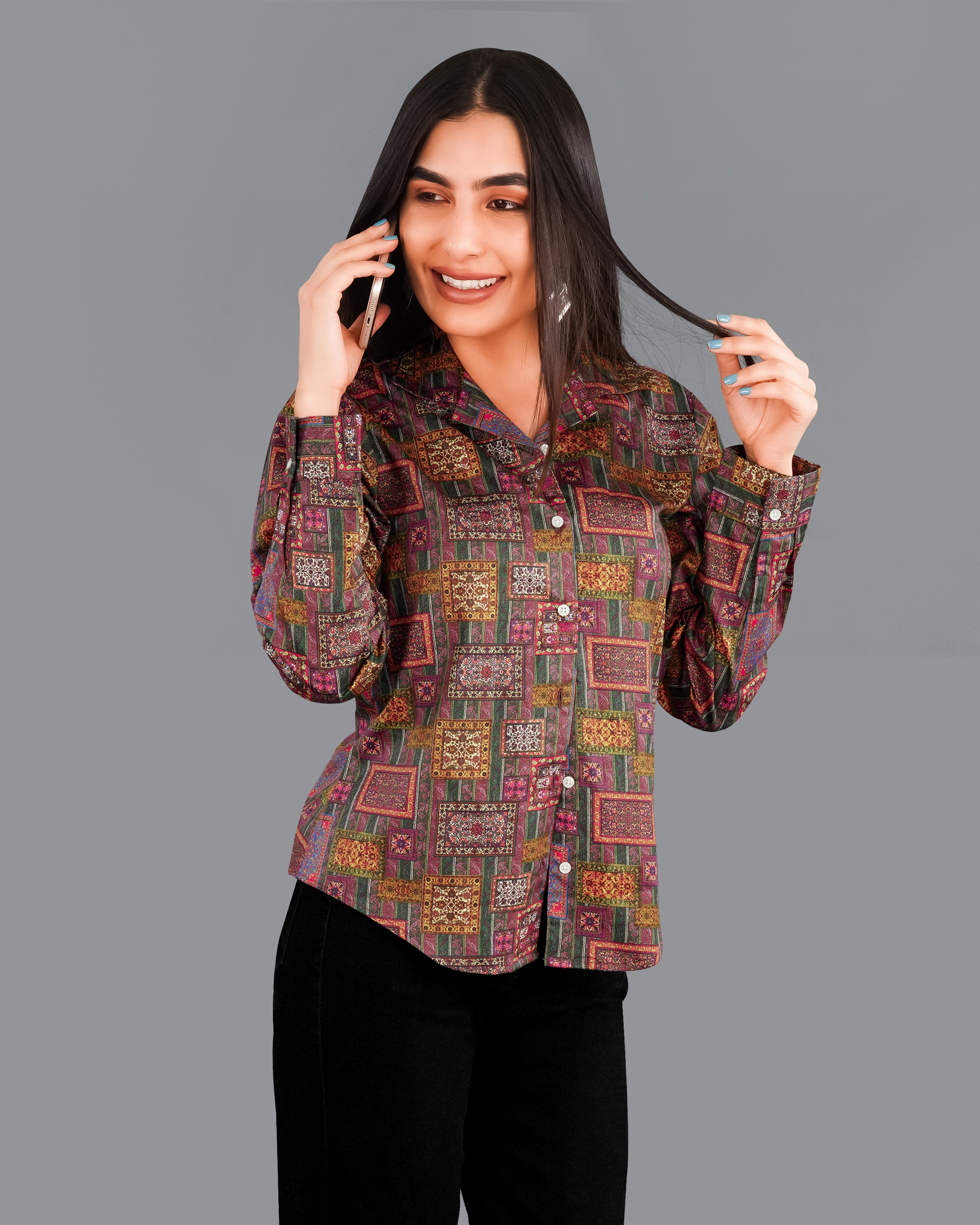 Camelot Pink Banjara Patchwork Printed Premium Cotton Shirt WS026-CC-32, WS026-CC-34, WS026-CC-36, WS026-CC-38, WS026-CC-40, WS026-CC-42