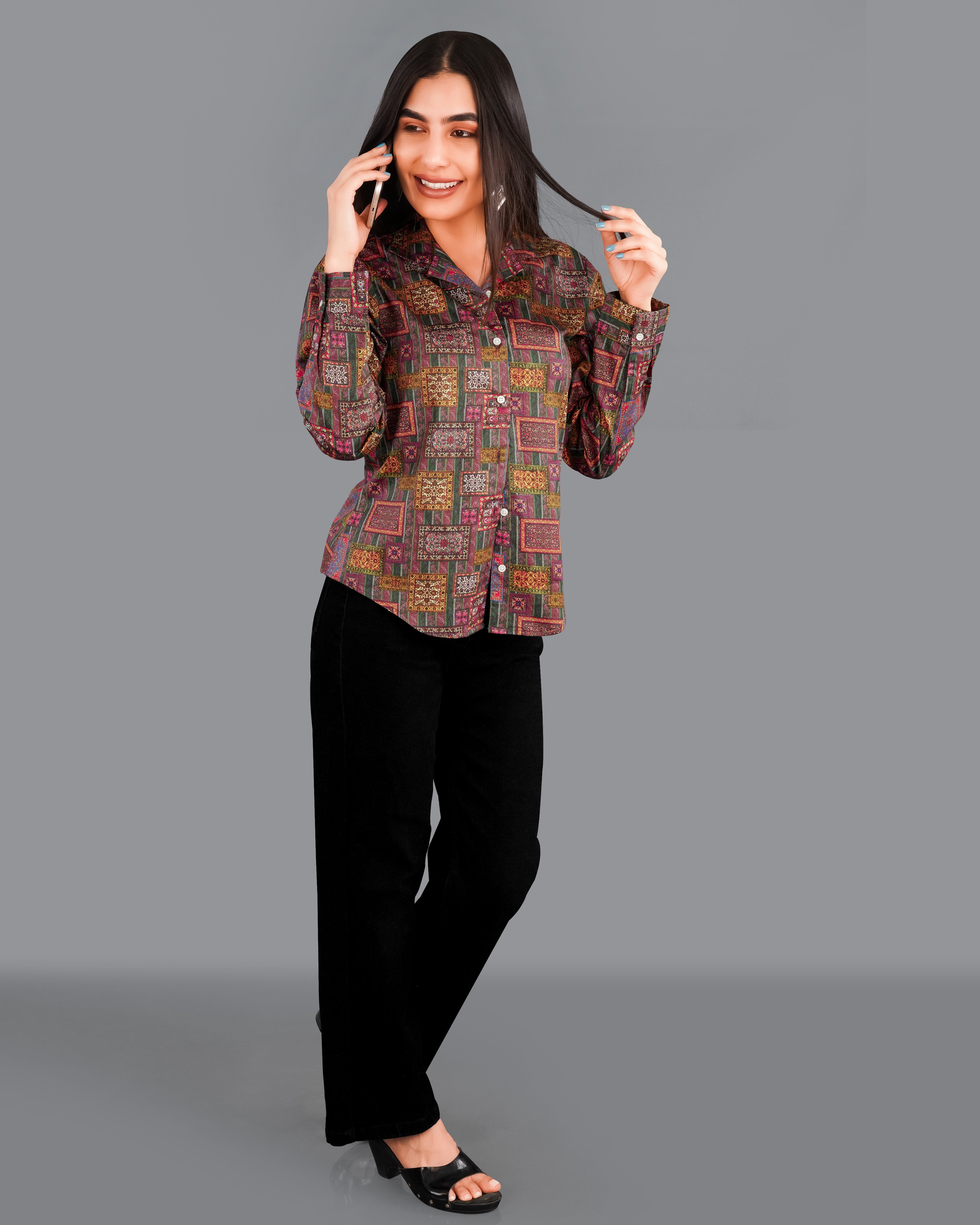 Camelot Pink Banjara Patchwork Printed Premium Cotton Shirt WS026-CC-32, WS026-CC-34, WS026-CC-36, WS026-CC-38, WS026-CC-40, WS026-CC-42