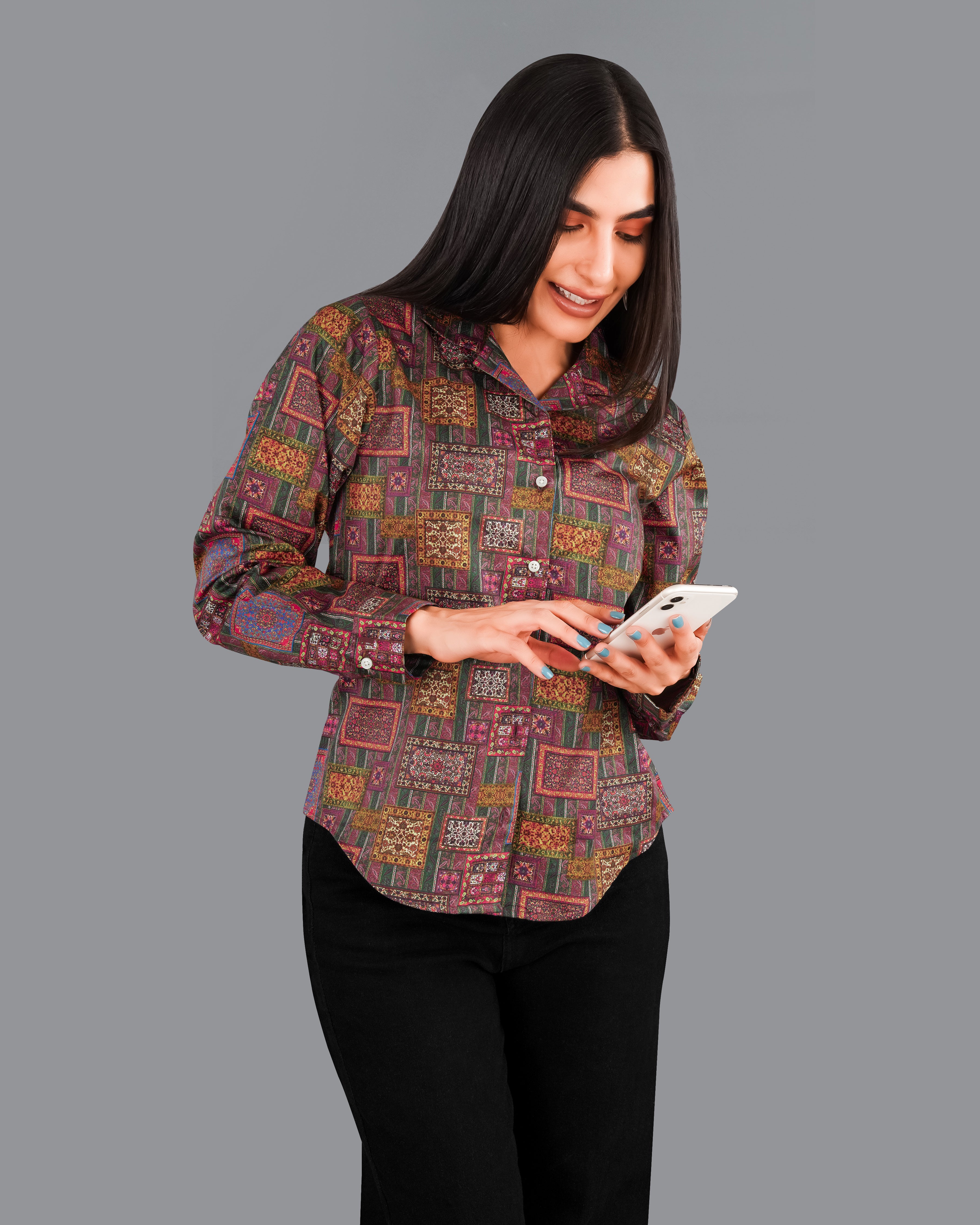 Camelot Pink Banjara Patchwork Printed Premium Cotton Shirt WS026-CC-32, WS026-CC-34, WS026-CC-36, WS026-CC-38, WS026-CC-40, WS026-CC-42