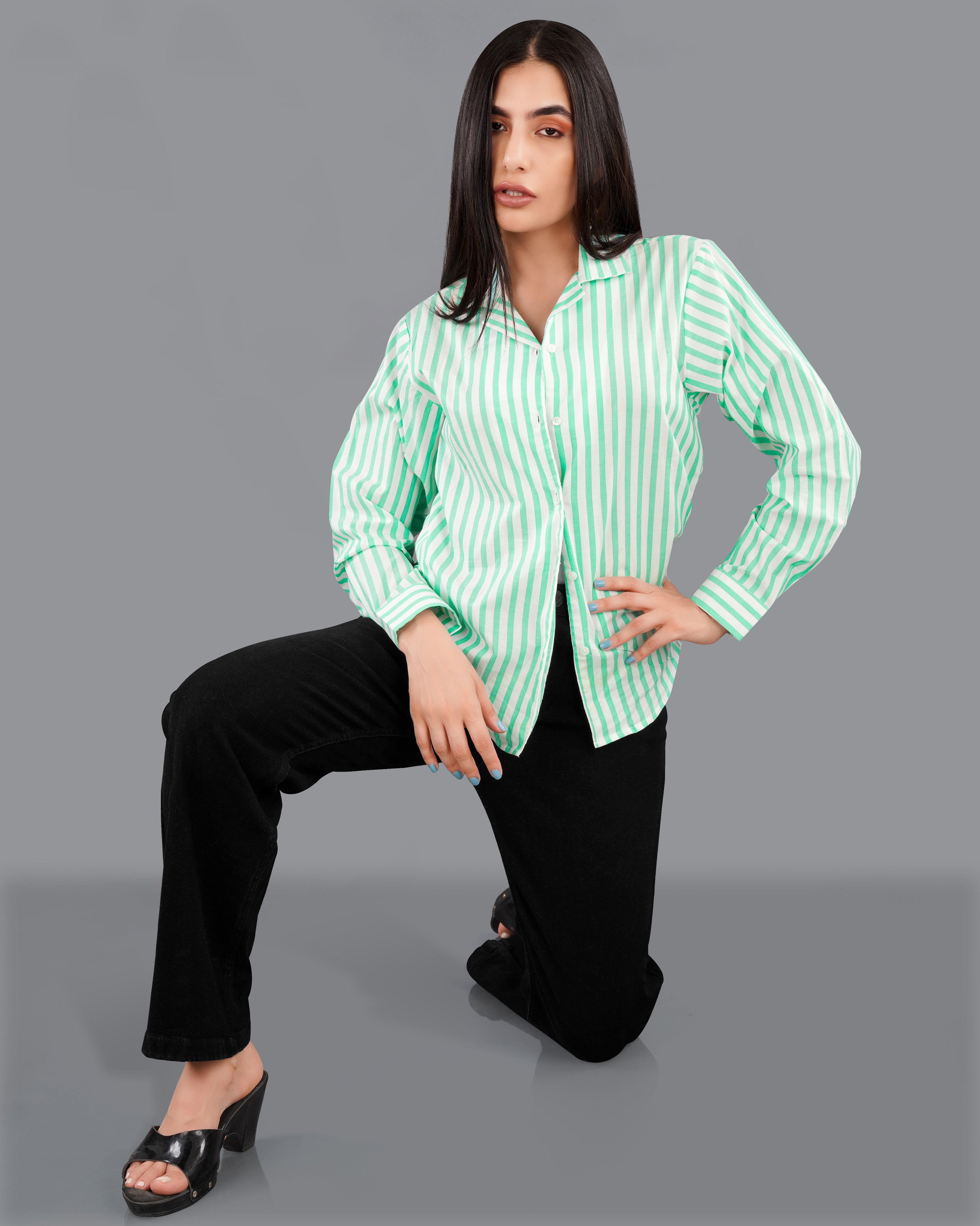 Riptide Green and White Striped Premium Cotton Shirt WS028-CC-32, WS028-CC-34, WS028-CC-36, WS028-CC-38, WS028-CC-40, WS028-CC-42