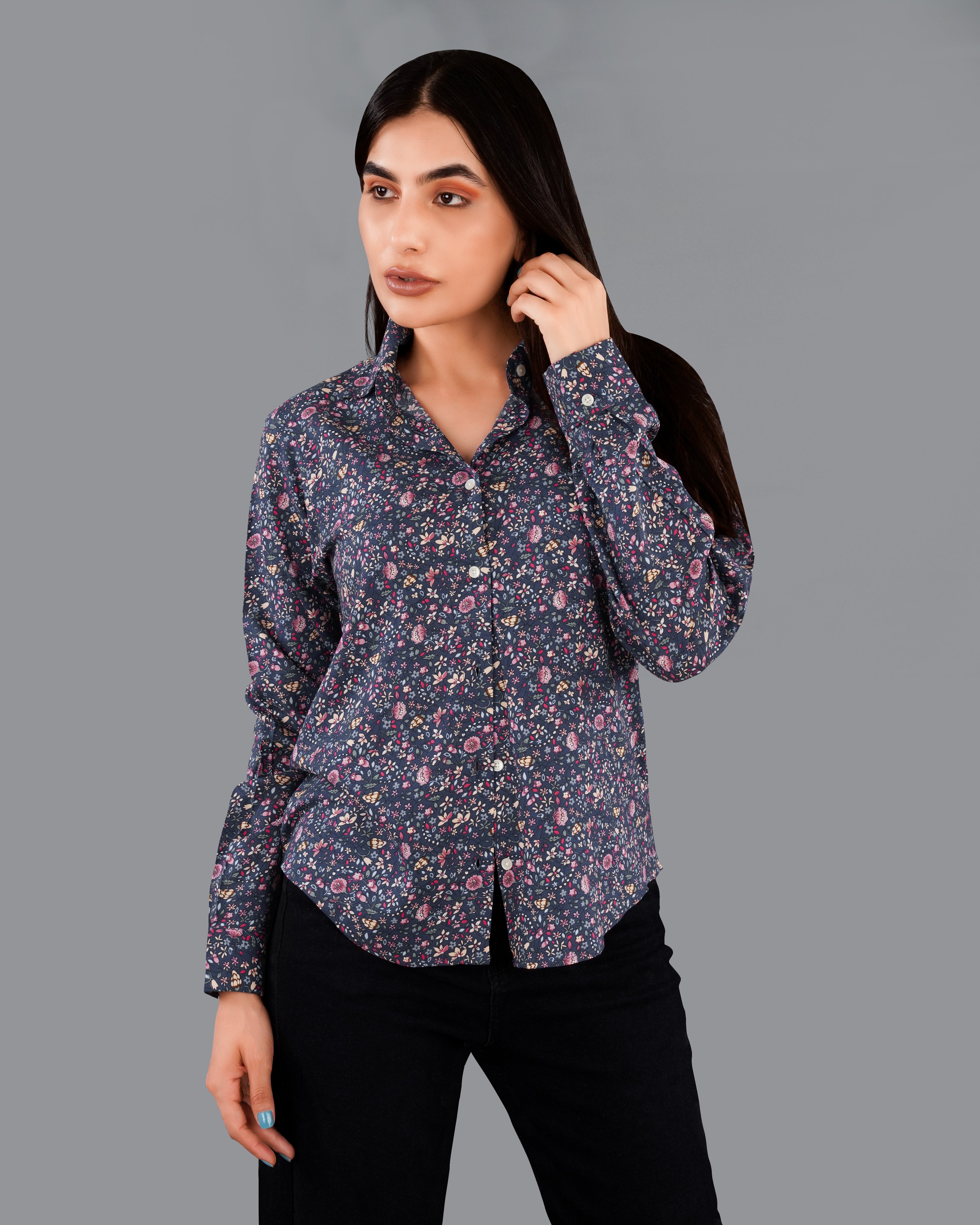 Ebony Blue Ditsy Printed Premium Tencel Shirt WS033-32, WS033-34, WS033-36, WS033-38, WS033-40, WS033-42