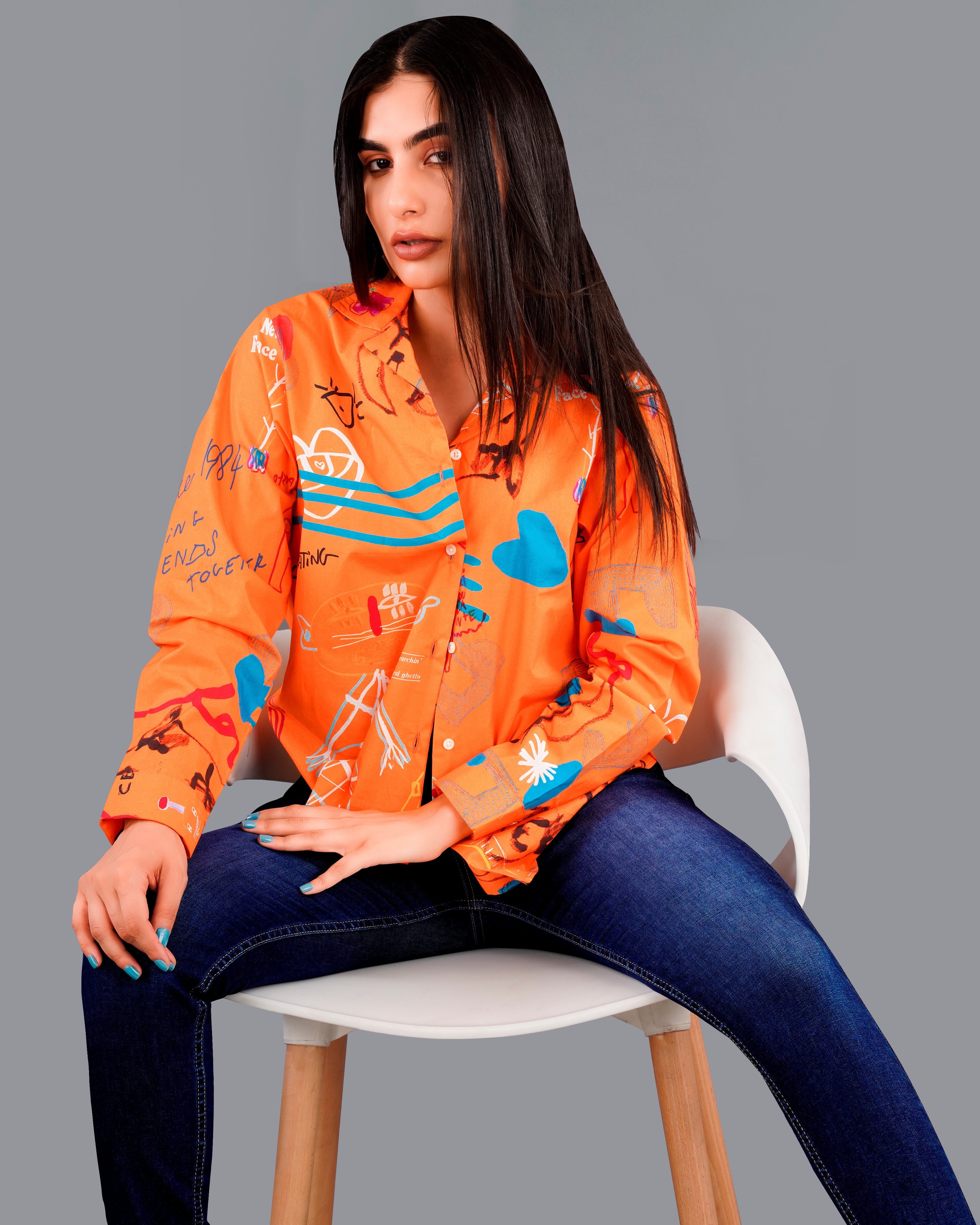 Burning Orange Quirky Printed Premium Cotton Shirt WS046-CC-32, WS046-CC-34, WS046-CC-36, WS046-CC-38, WS046-CC-40, WS046-CC-42
