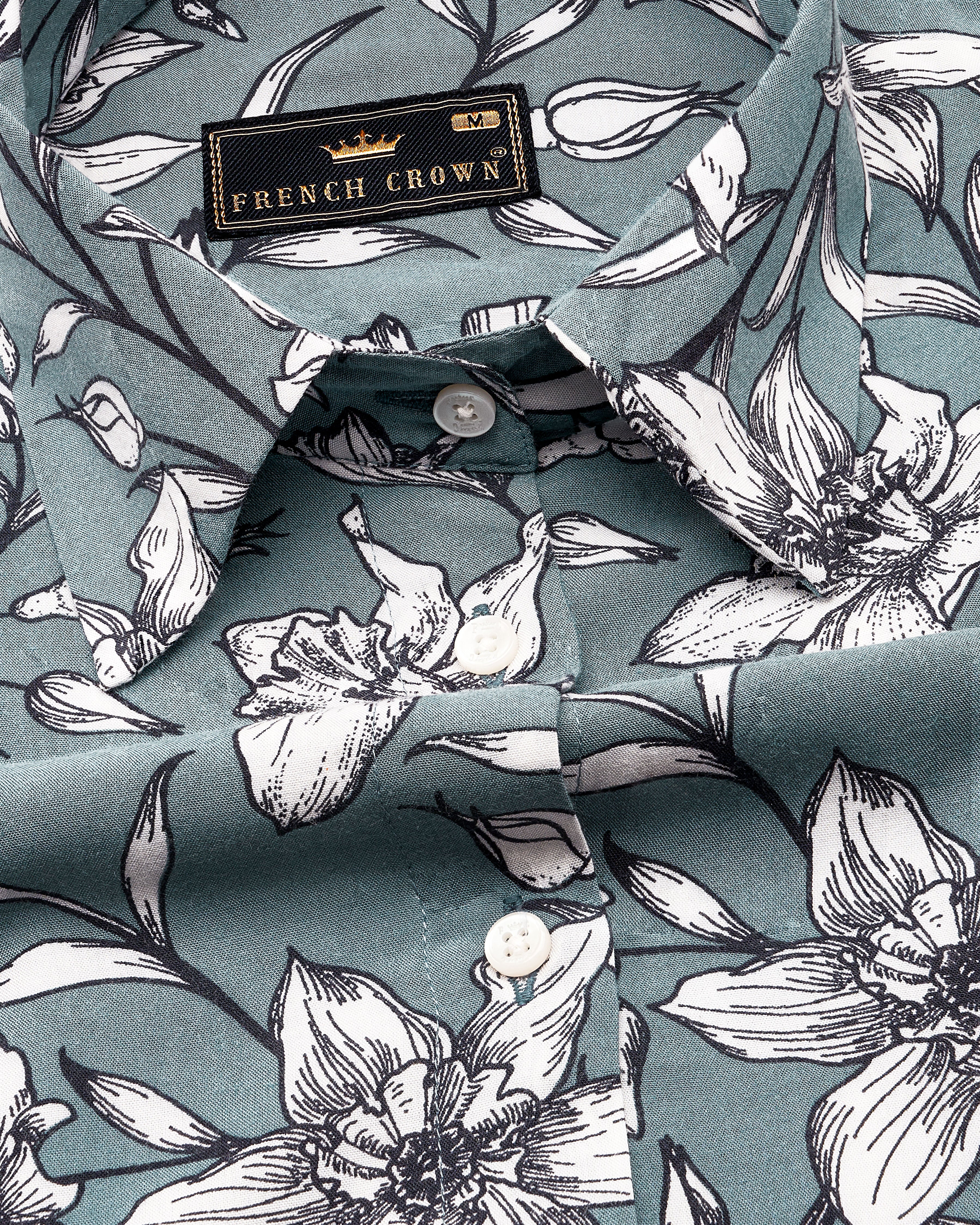 Turquoise Gray Floral Printed Premium Tencel Shirt WS049-32, WS049-34, WS049-36, WS049-38, WS049-40, WS049-42