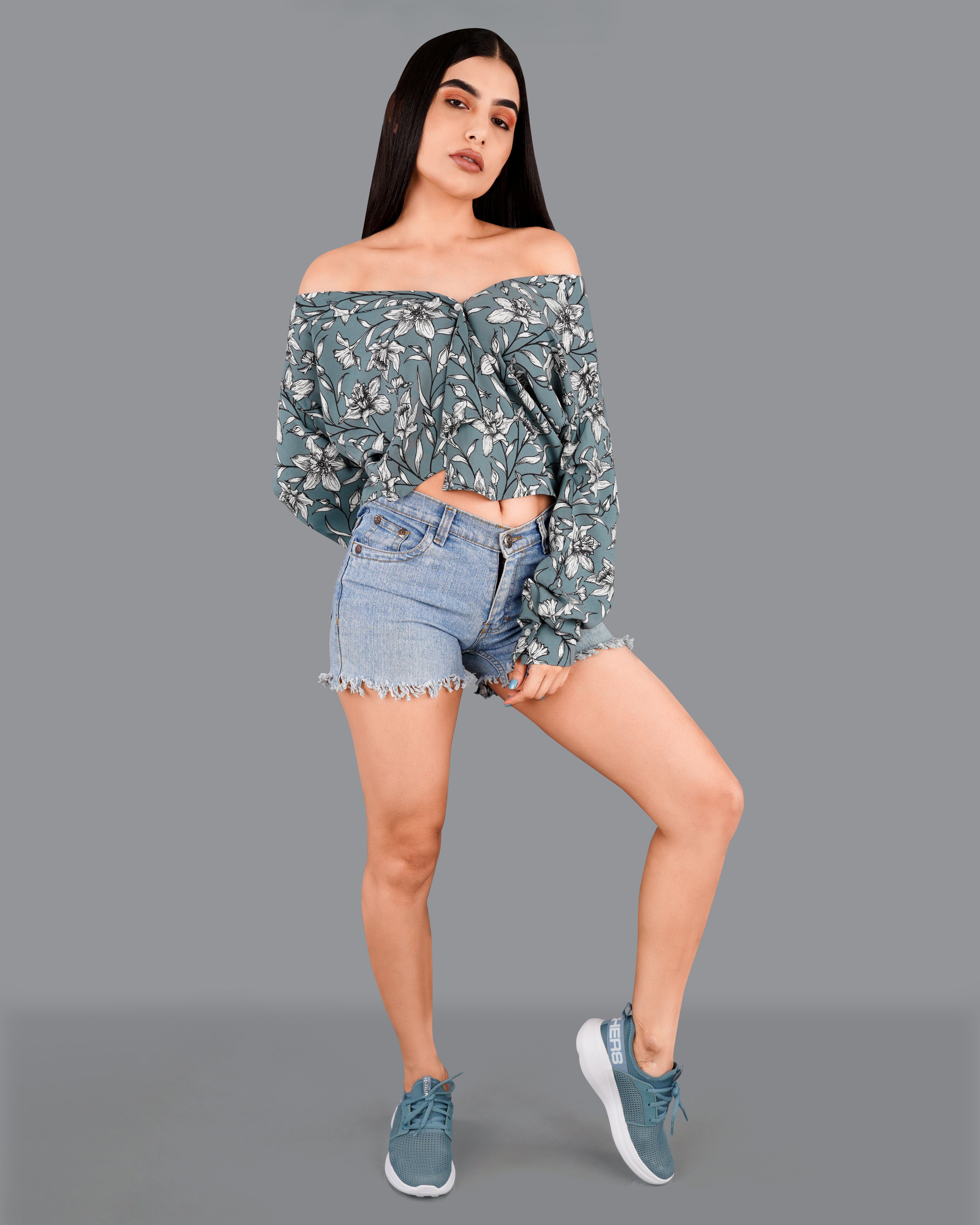 Turquoise Gray Floral Printed Premium Tencel Shirt WS049-32, WS049-34, WS049-36, WS049-38, WS049-40, WS049-42