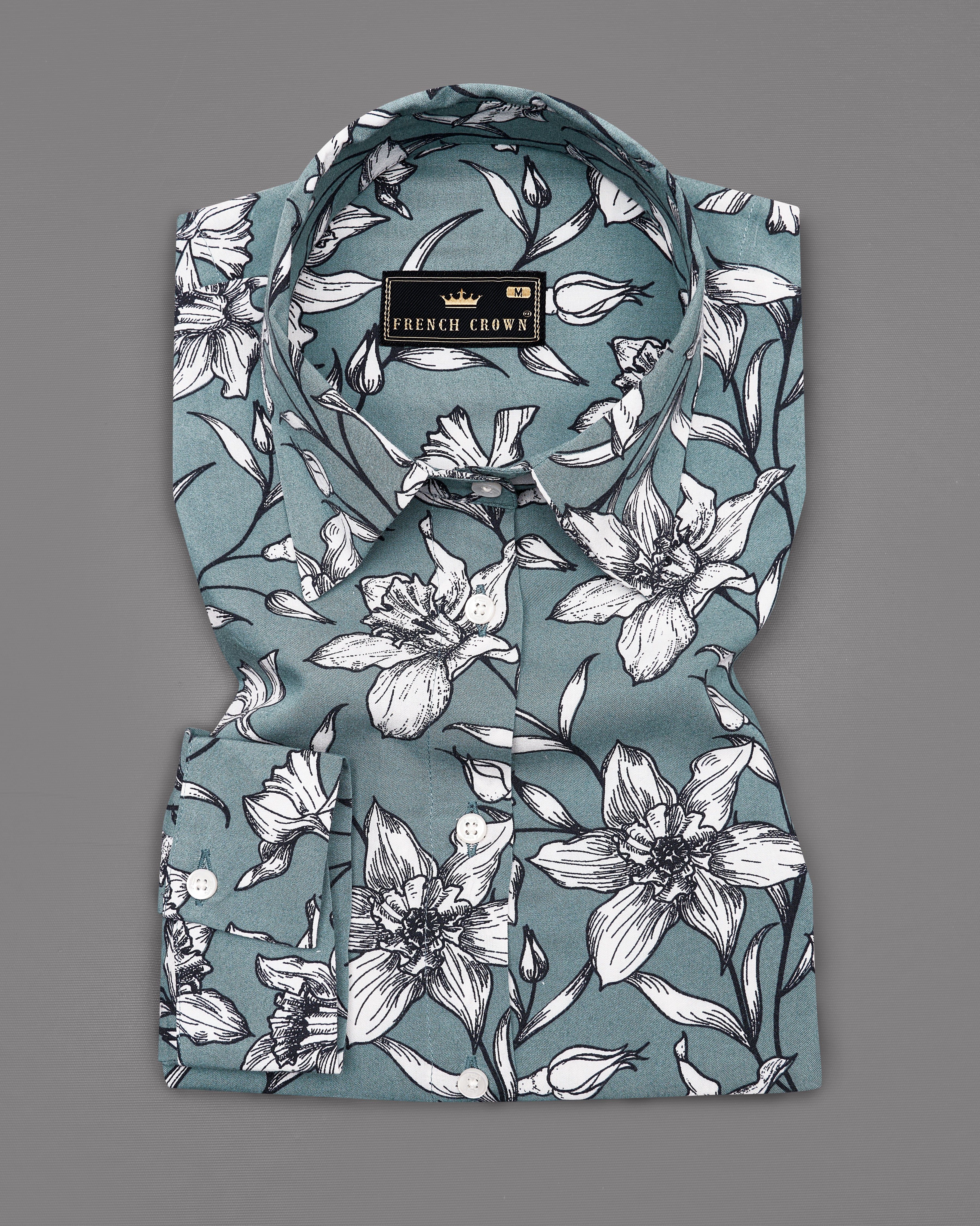 Turquoise Gray Floral Printed Premium Tencel Shirt WS049-32, WS049-34, WS049-36, WS049-38, WS049-40, WS049-42