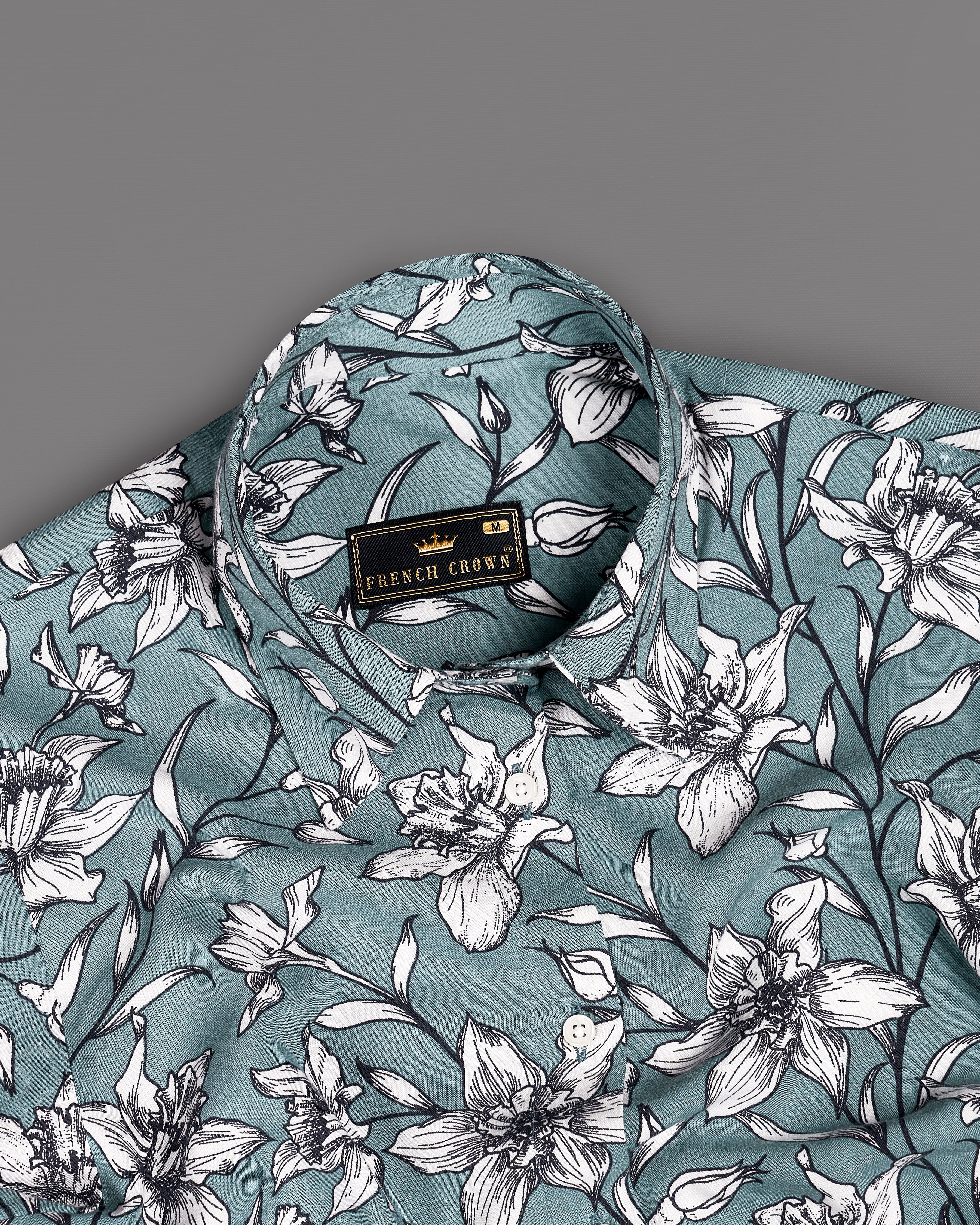 Turquoise Gray Floral Printed Premium Tencel Shirt WS049-32, WS049-34, WS049-36, WS049-38, WS049-40, WS049-42