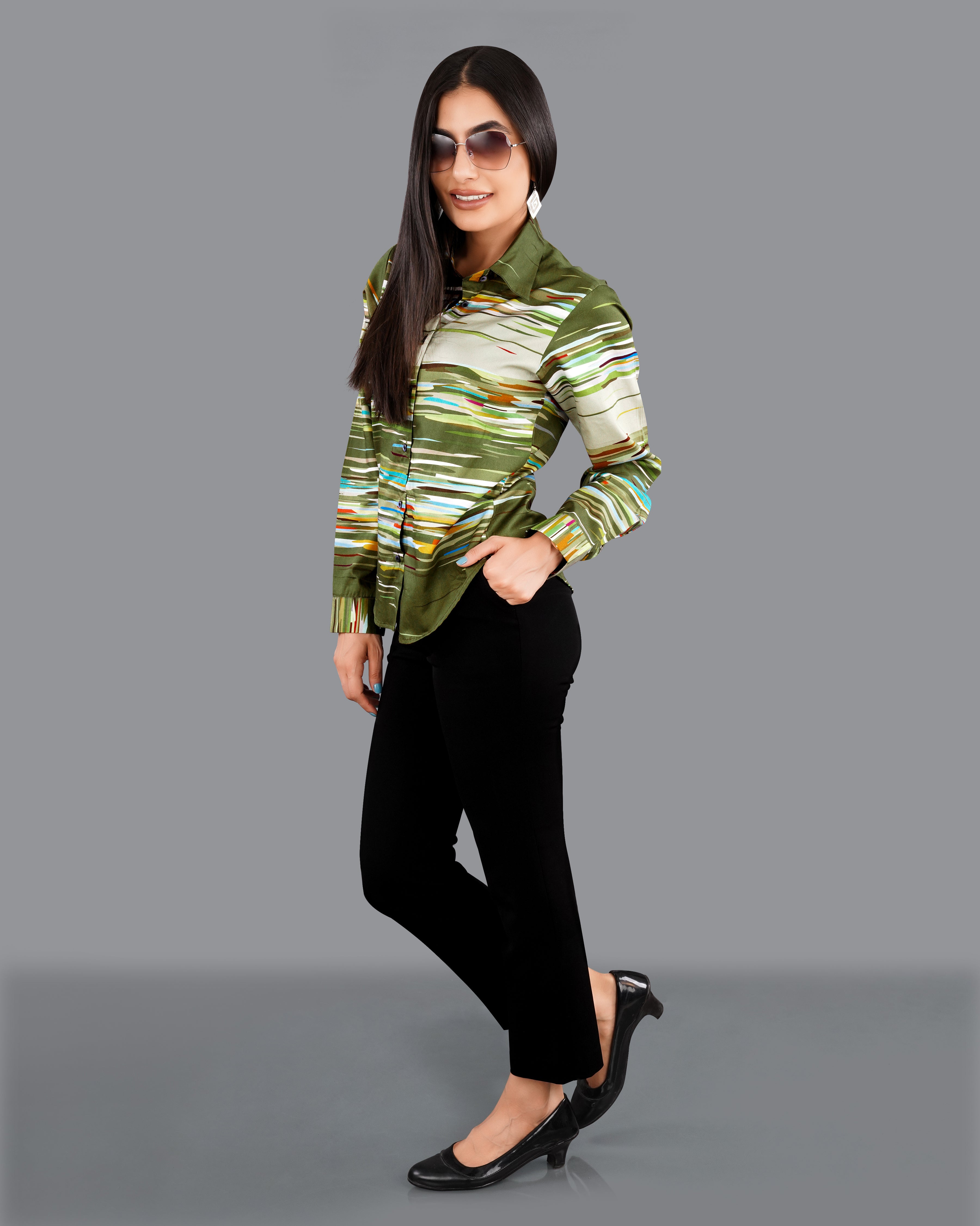 Verdigris Green Multicolour Printed Premium Tencel Shirt WS050-BLE-32, WS050-BLE-34, WS050-BLE-36, WS050-BLE-38, WS050-BLE-40, WS050-BLE-42\