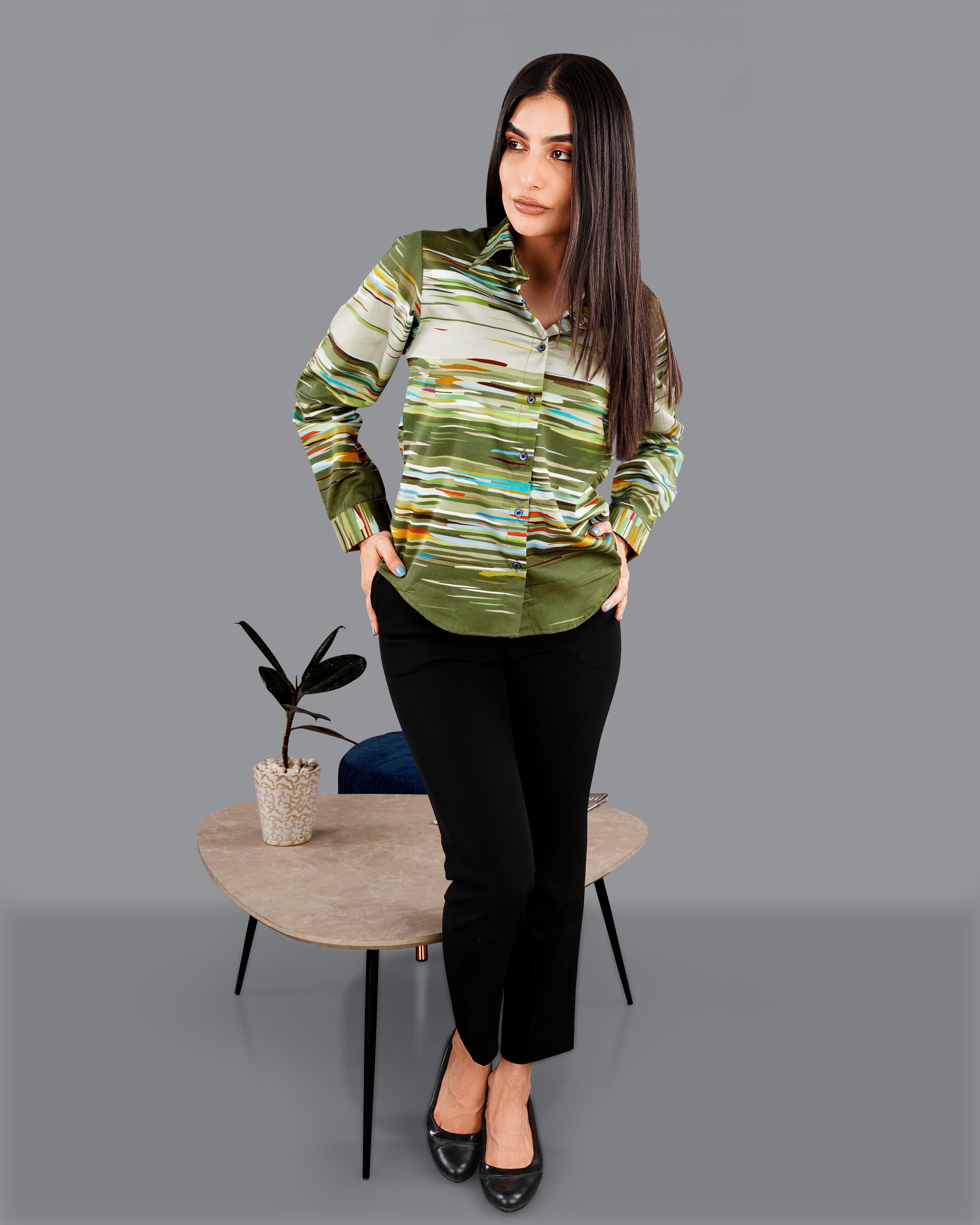 Verdigris Green Multicolour Printed Premium Tencel Shirt WS050-BLE-32, WS050-BLE-34, WS050-BLE-36, WS050-BLE-38, WS050-BLE-40, WS050-BLE-42