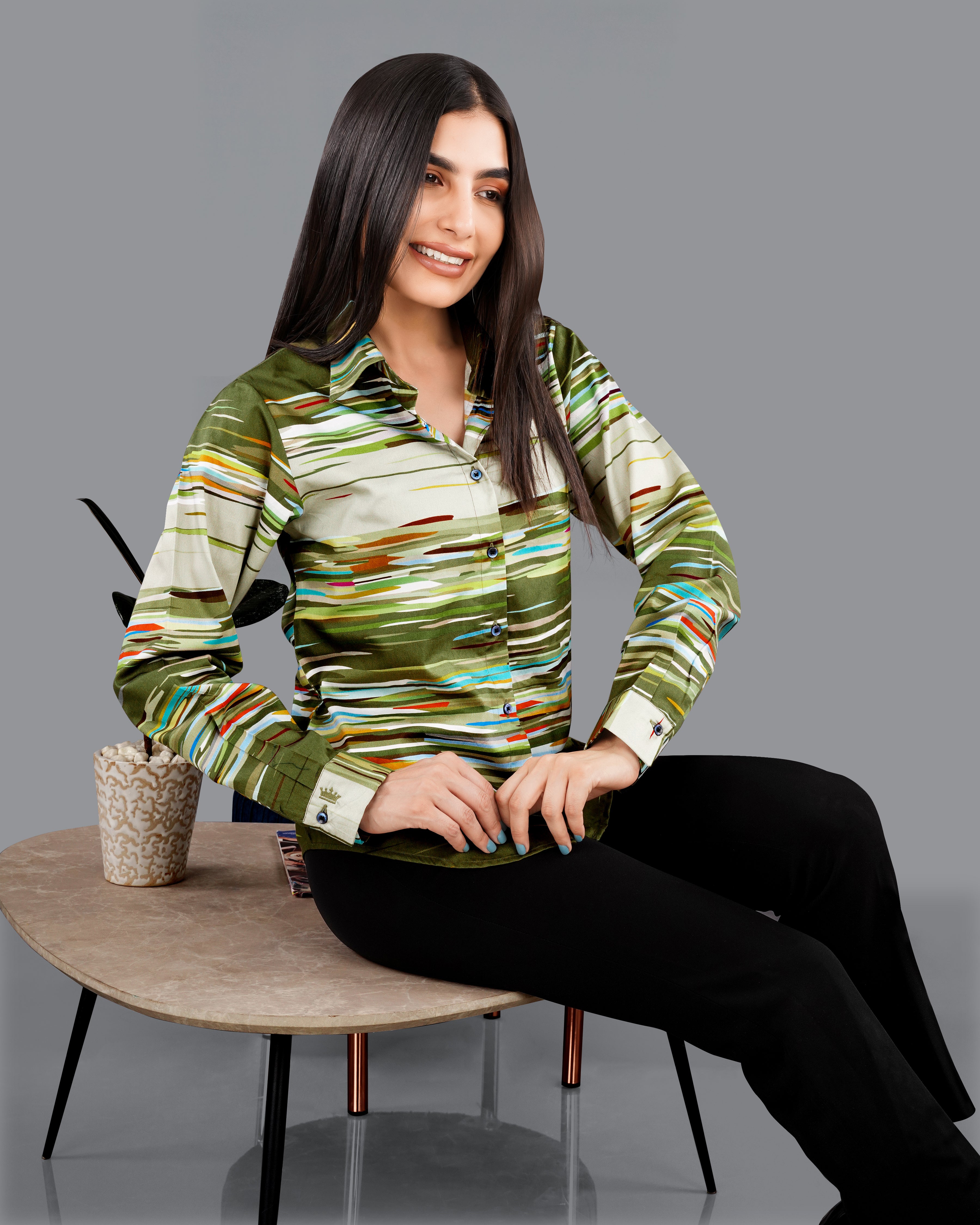 Verdigris Green Multicolour Printed Premium Tencel Shirt WS050-BLE-32, WS050-BLE-34, WS050-BLE-36, WS050-BLE-38, WS050-BLE-40, WS050-BLE-42