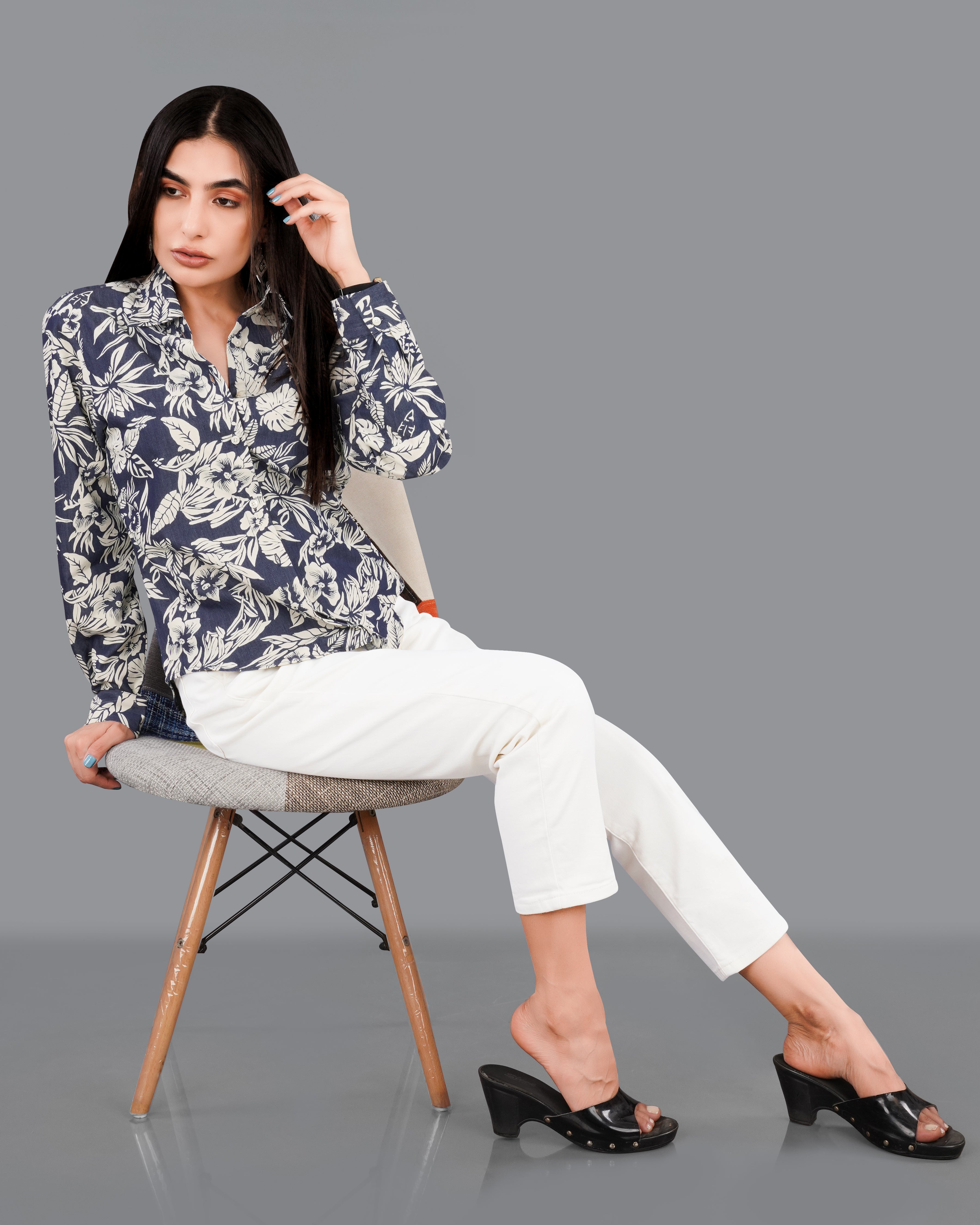 Limed Spruce Blue with Mercury Cream Floral Printed Premium Cotton Denim Shirt WS055-32, WS055-34, WS055-36, WS055-38, WS055-40, WS055-42