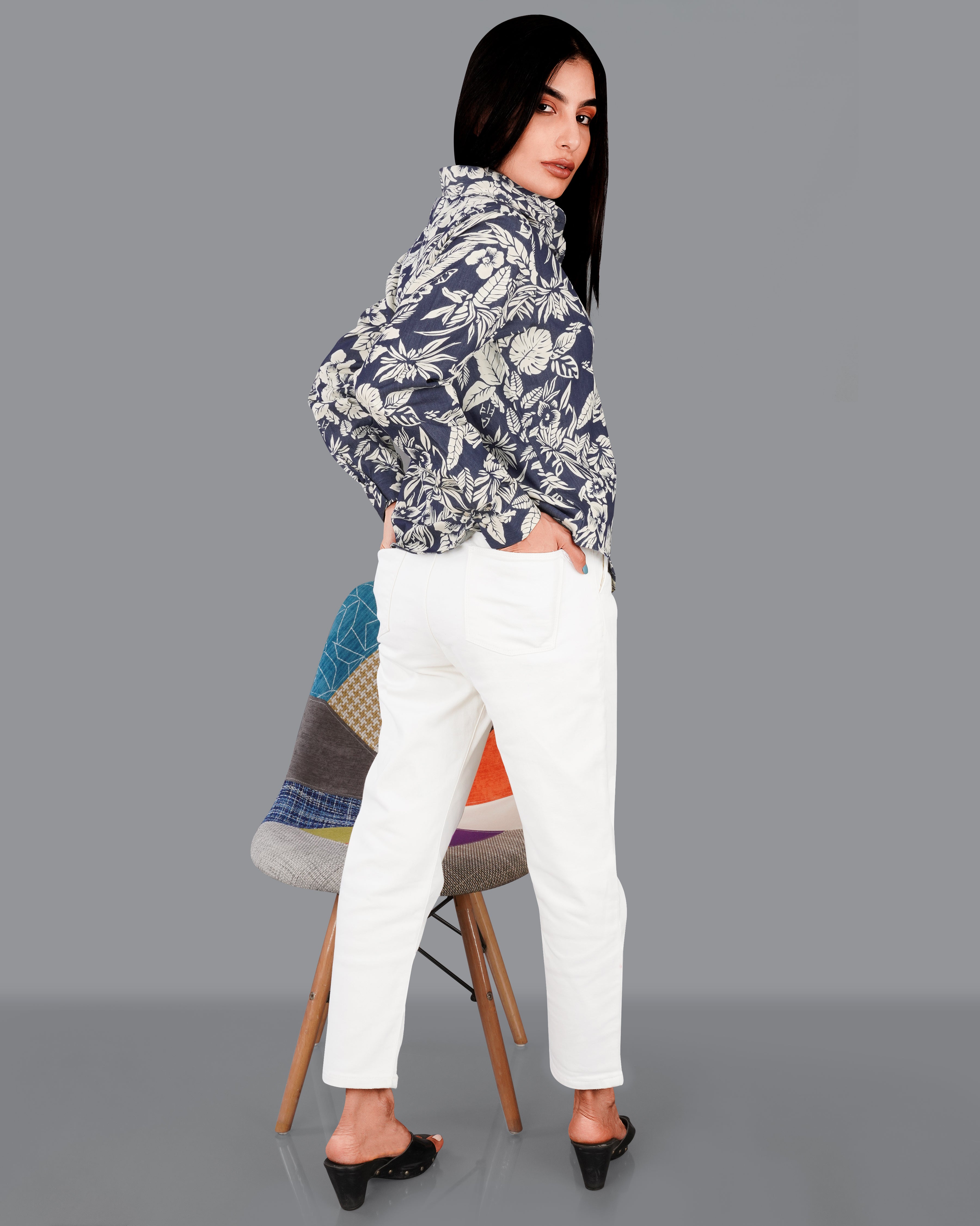 Limed Spruce Blue with Mercury Cream Floral Printed Premium Cotton Denim Shirt WS055-32, WS055-34, WS055-36, WS055-38, WS055-40, WS055-42