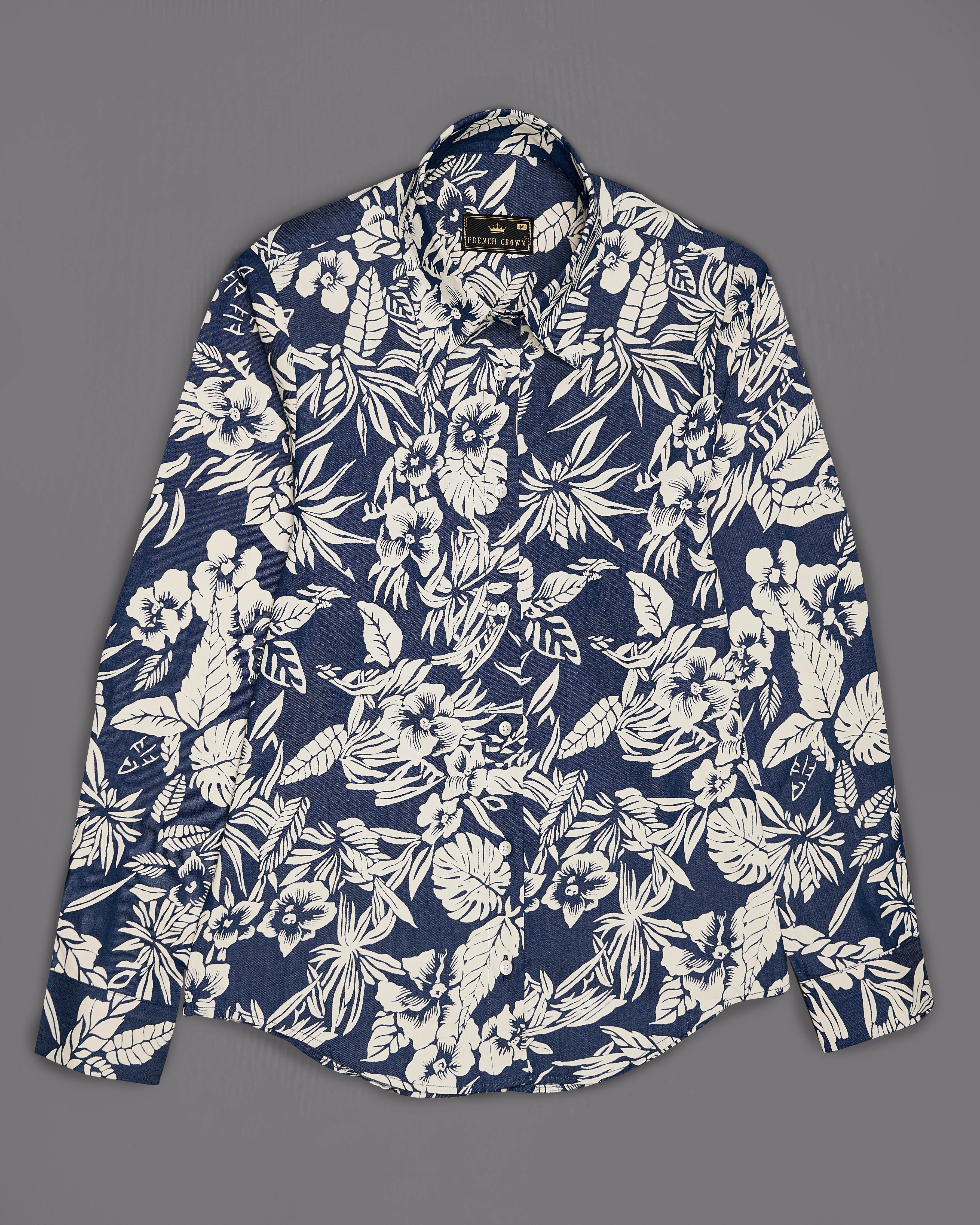 Limed Spruce Blue with Mercury Cream Floral Printed Premium Cotton Denim Shirt WS055-32, WS055-34, WS055-36, WS055-38, WS055-40, WS055-42