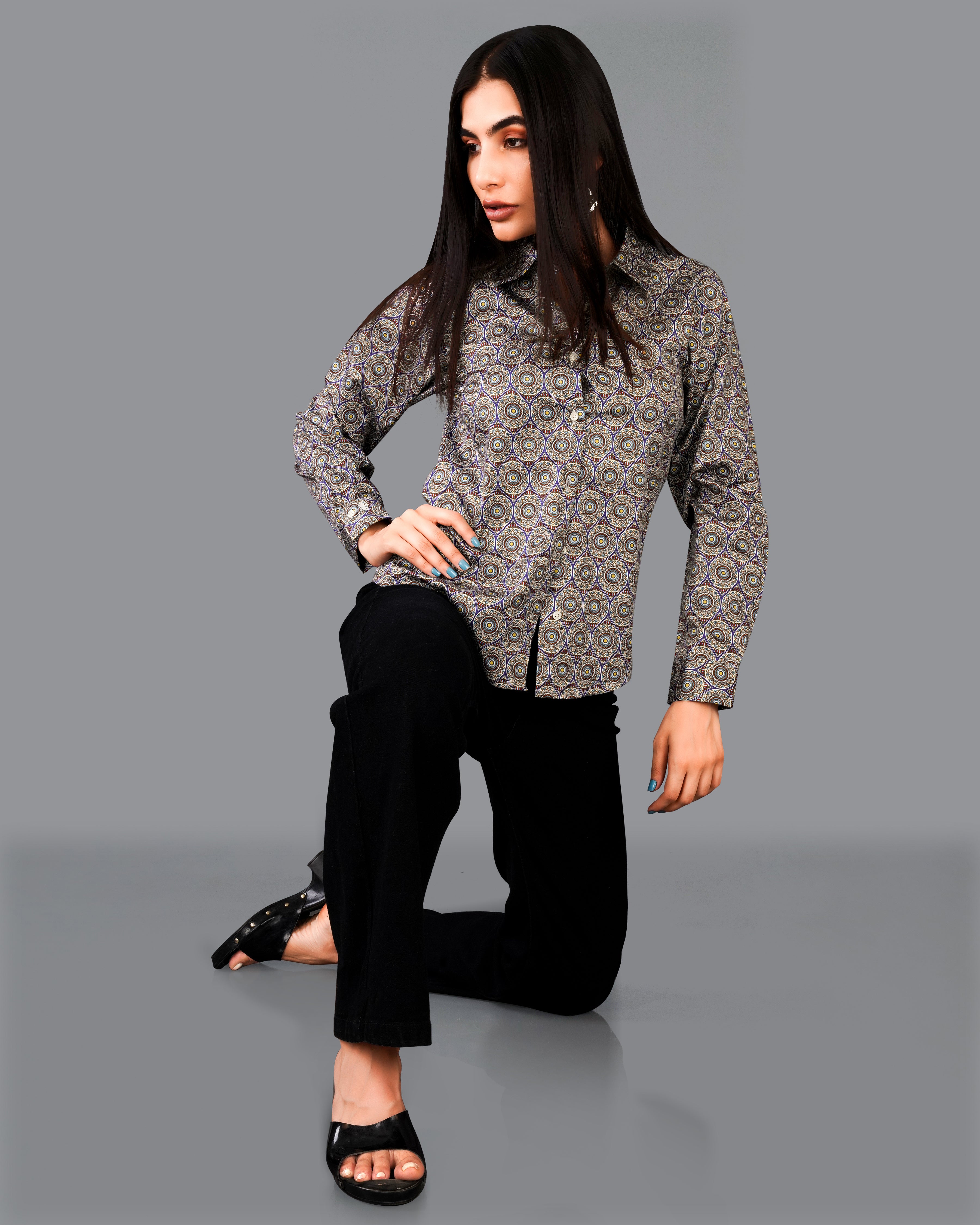 Mercury Brown Multicolour Ajrakh Printed Premium Cotton Shirt WS035-32, WS035-34, WS035-36, WS035-38, WS035-40, WS035-42