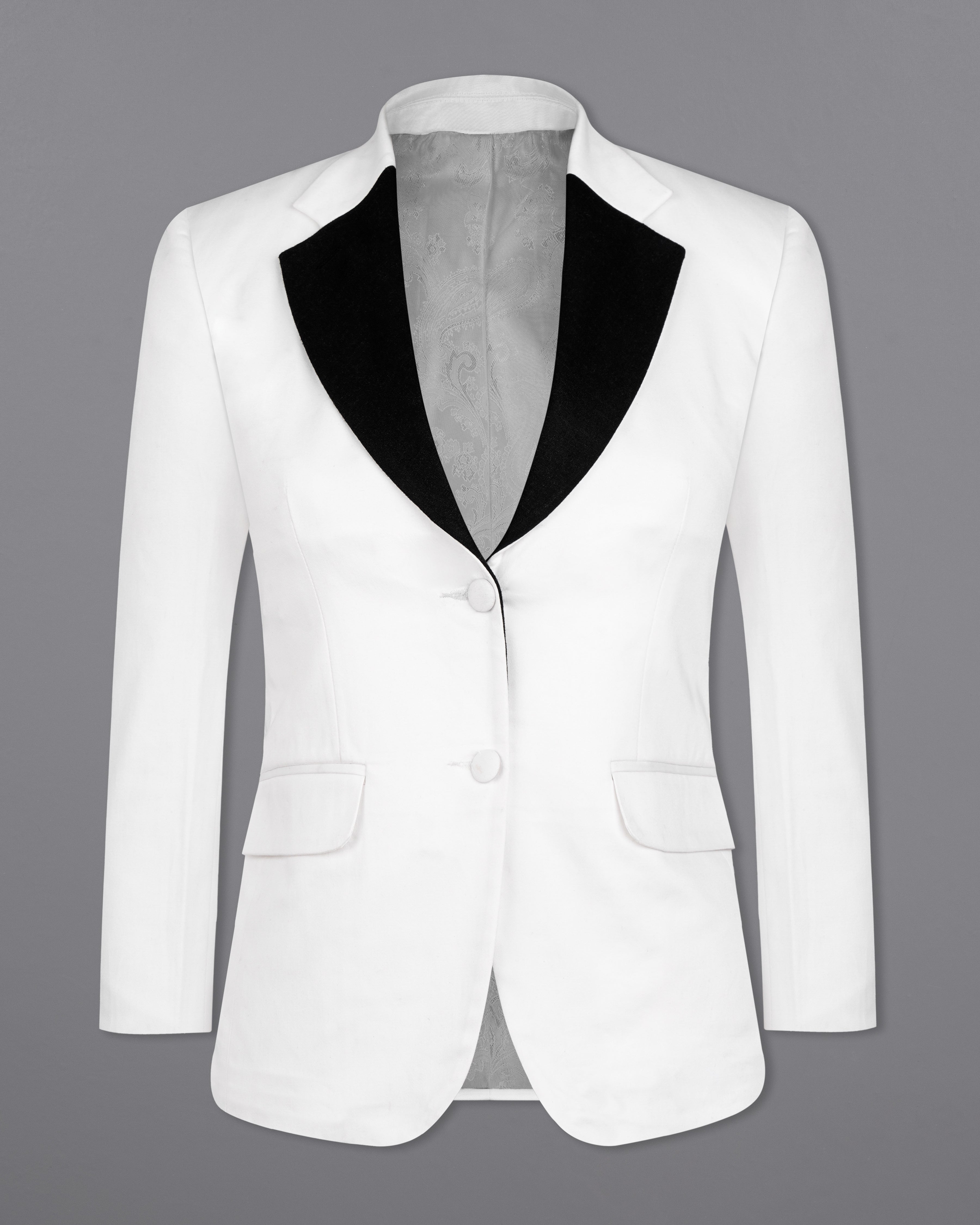 Bright White with Black Patch Collar Premium Cotton Women's Suit WST005-SB-BKPL-FB-32, WST005-SB-BKPL-FB-34, WST005-SB-BKPL-FB-36, WST005-SB-BKPL-FB-38, WST005-SB-BKPL-FB-40, WST005-SB-BKPL-FB-42