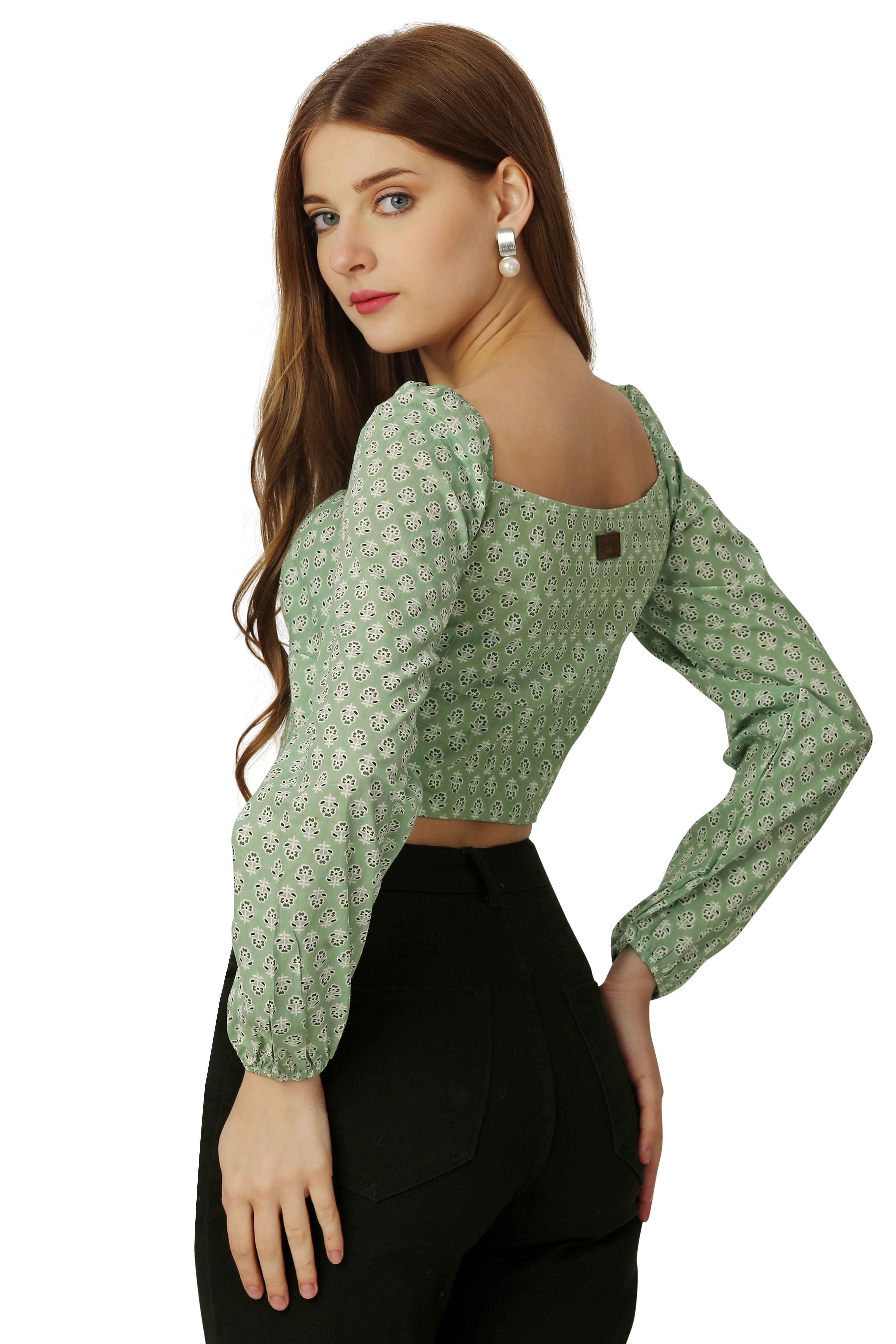 Amulet Green and White Printed Premium Cotton Crop Top