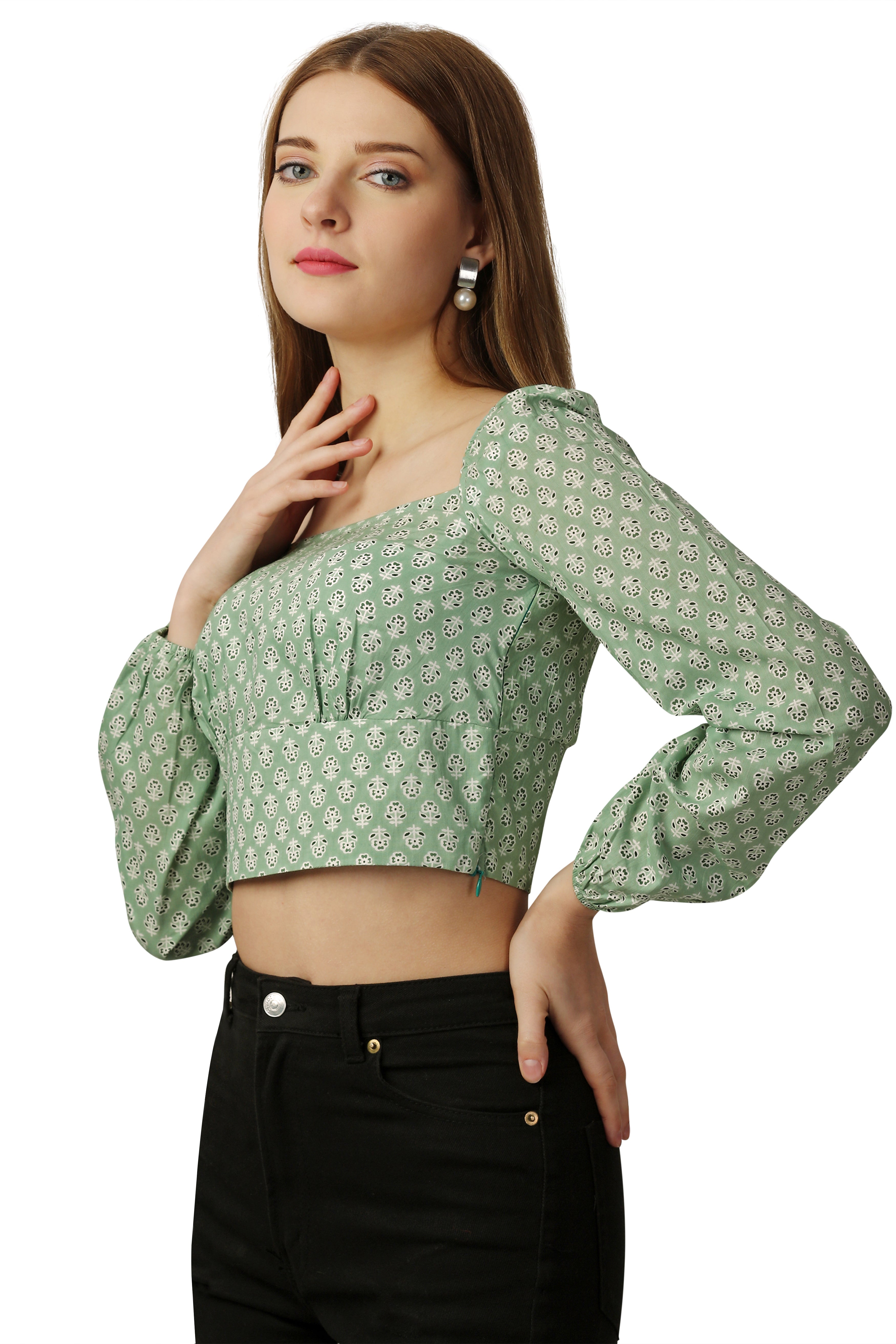 Amulet Green and White Printed Premium Cotton Crop Top