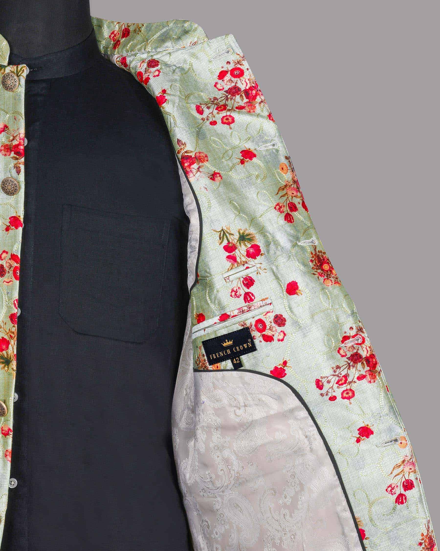 Mint Tonal Embroidered and Red flowers Printed Bandhgala/Mandarin Designer Blazer